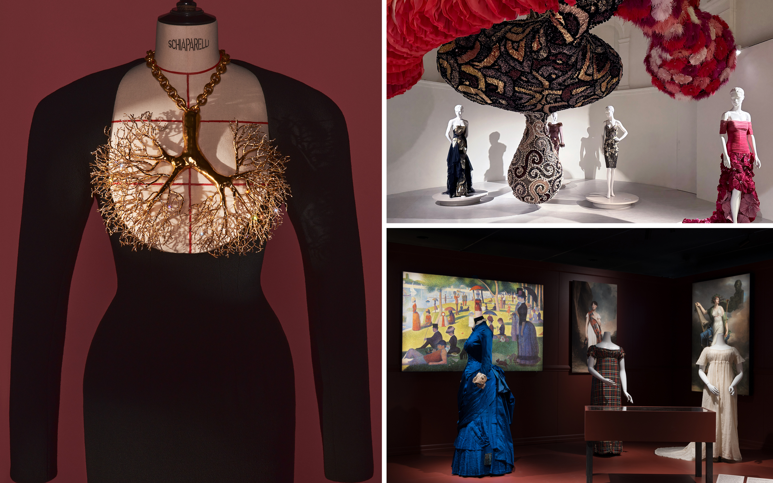 Fashion mannequins display extravagant and artistic clothing in a museum-like setting.