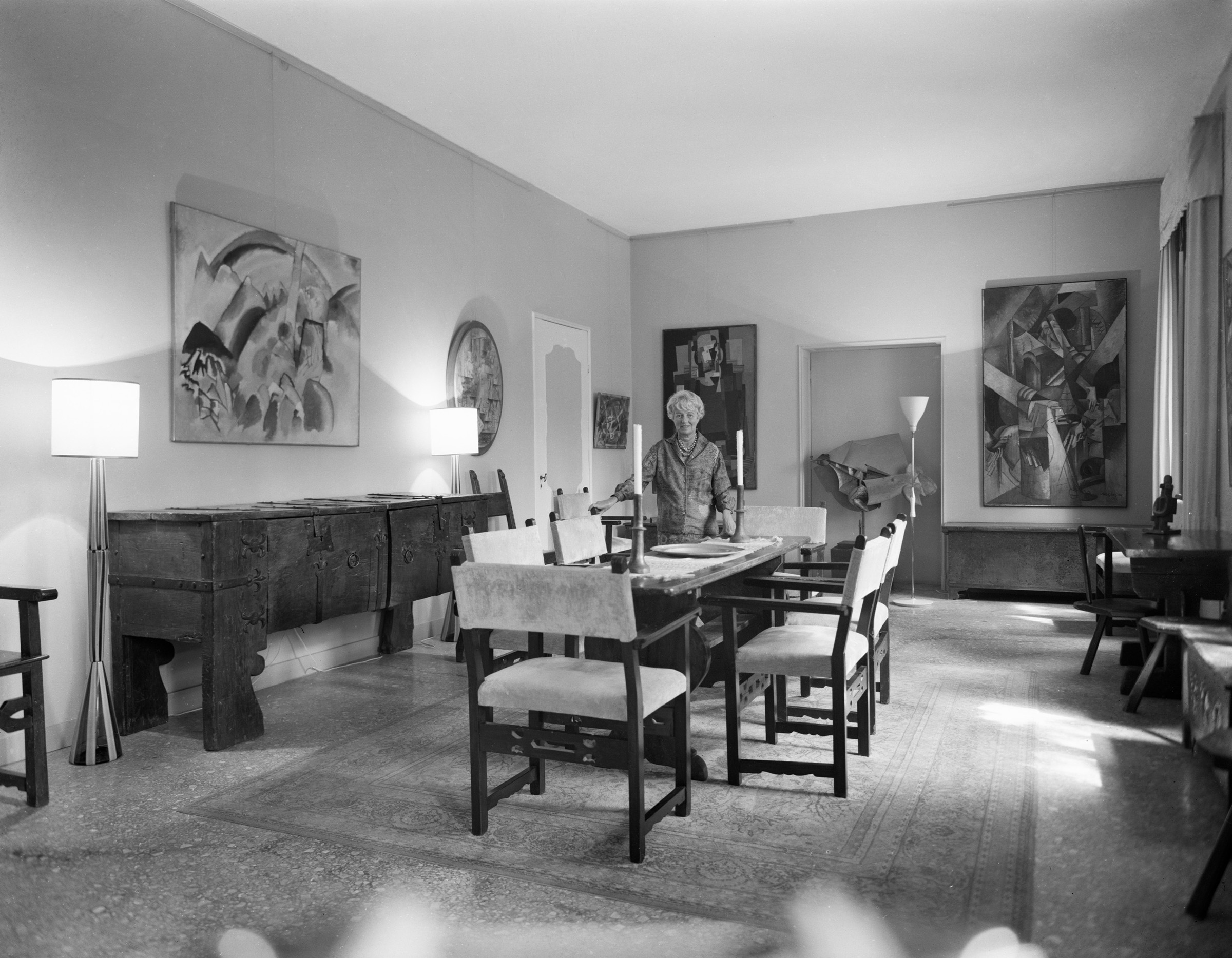 Peggy Guggenheim in the dining room of Palazzo Venier dei Leoni, Venice, 1960s
