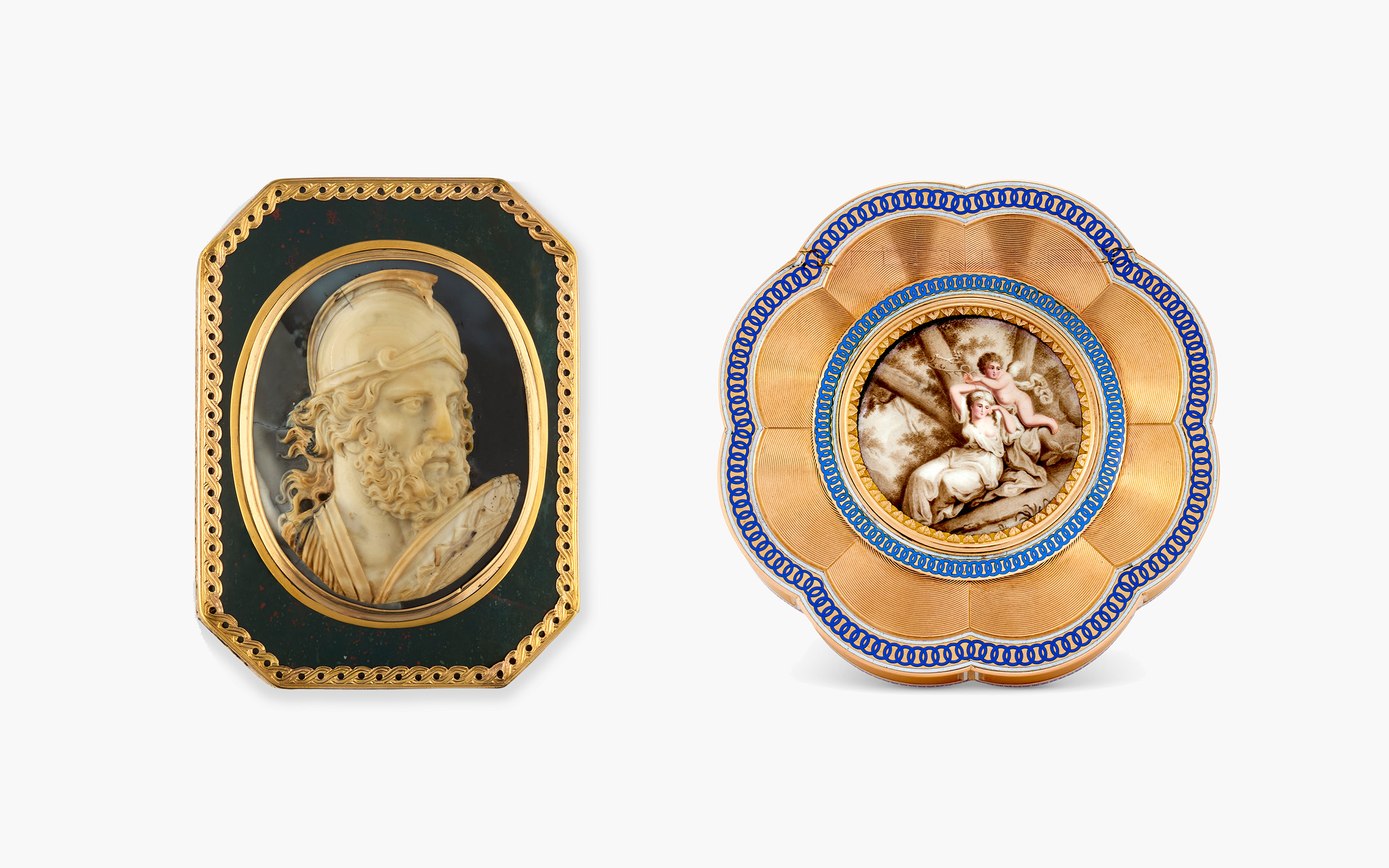 Left: a Louis XV gold-mounted hardstone snuff-box set with a cameo, mark of Jean-Francois Garand, Paris, 1763-64; the cameo, Rome, circa 1750. Right: a German enamelled gold snuff-box, mark of Louis Guillaume Hestermann, Hanau, circa 1800. Both offered in Collections: le neoclassicisme a travers l'Europe, until 1 April 2026 at Christie's Online