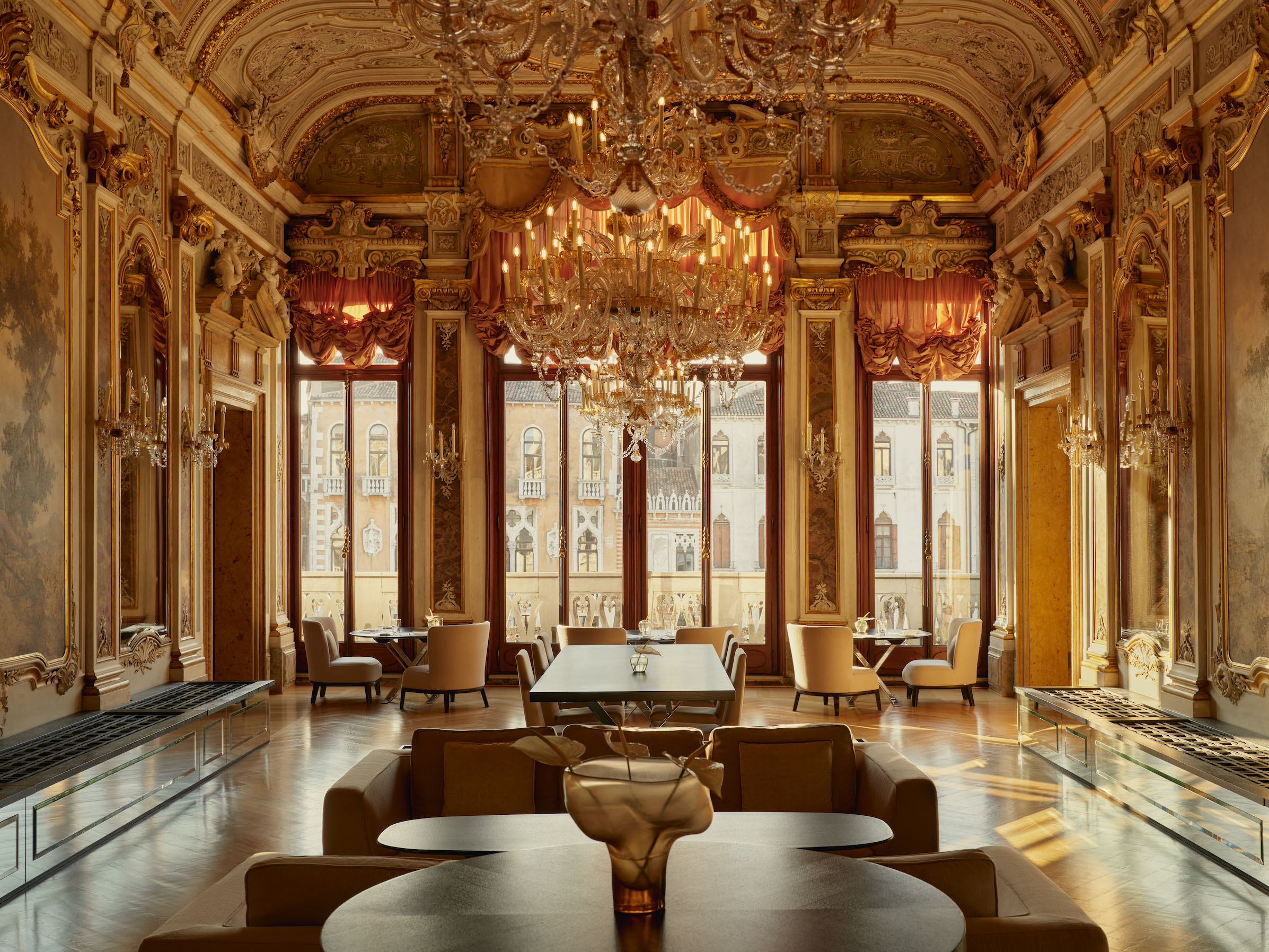 The Ballroom of the Aman Venice hotel, in the magnificent Palazzo Papadopoli, overlooking the Grand Canal