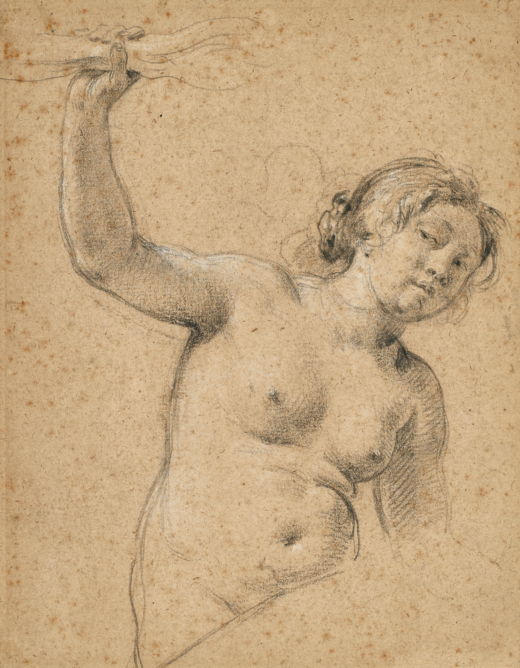 Attributed to Simon Vouet, Study of a half-length nude woman, her left arm raised and holding a torch, offered in Dessins Anciens et du XIXe siecle incluant une selection de terres cuites on 25 March 2026 at Christie's in Paris