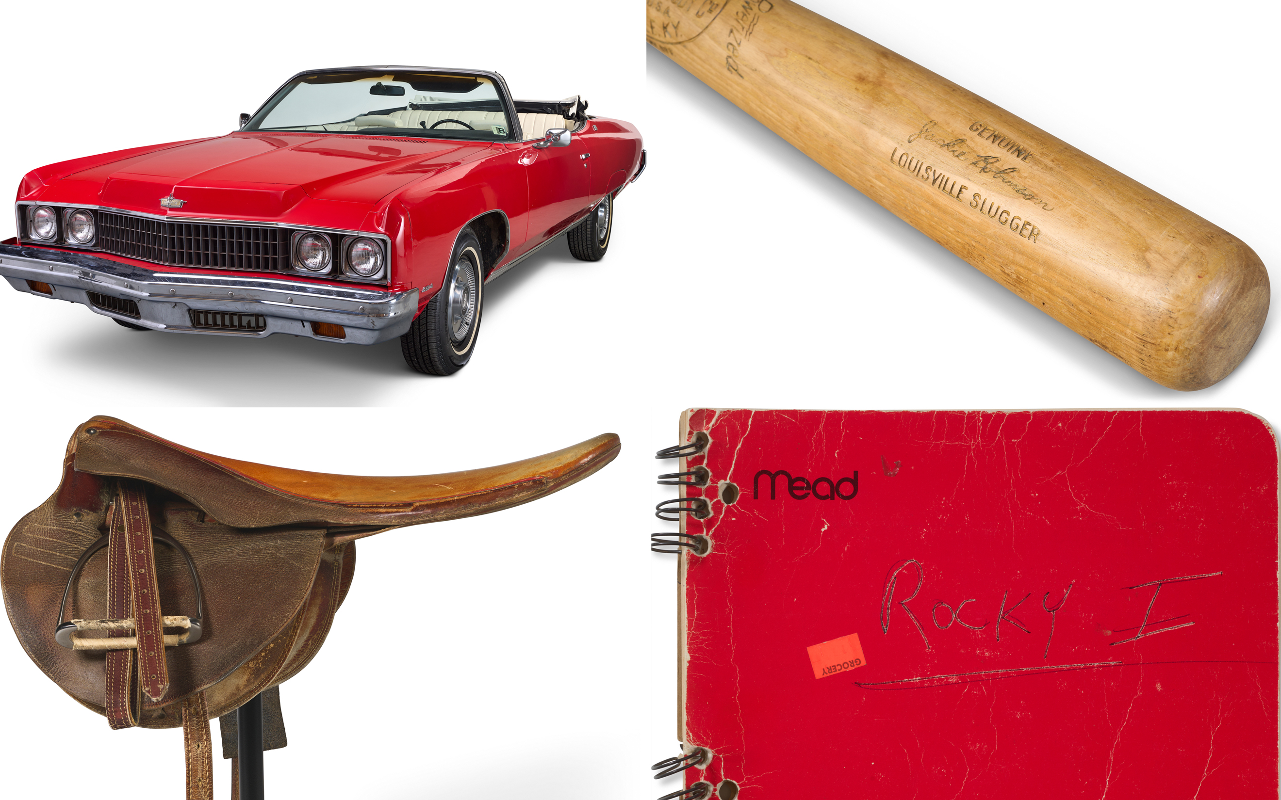 A red convertible car, a baseball bat, a horse saddle, and a red notebook labeled "Rocky I."
