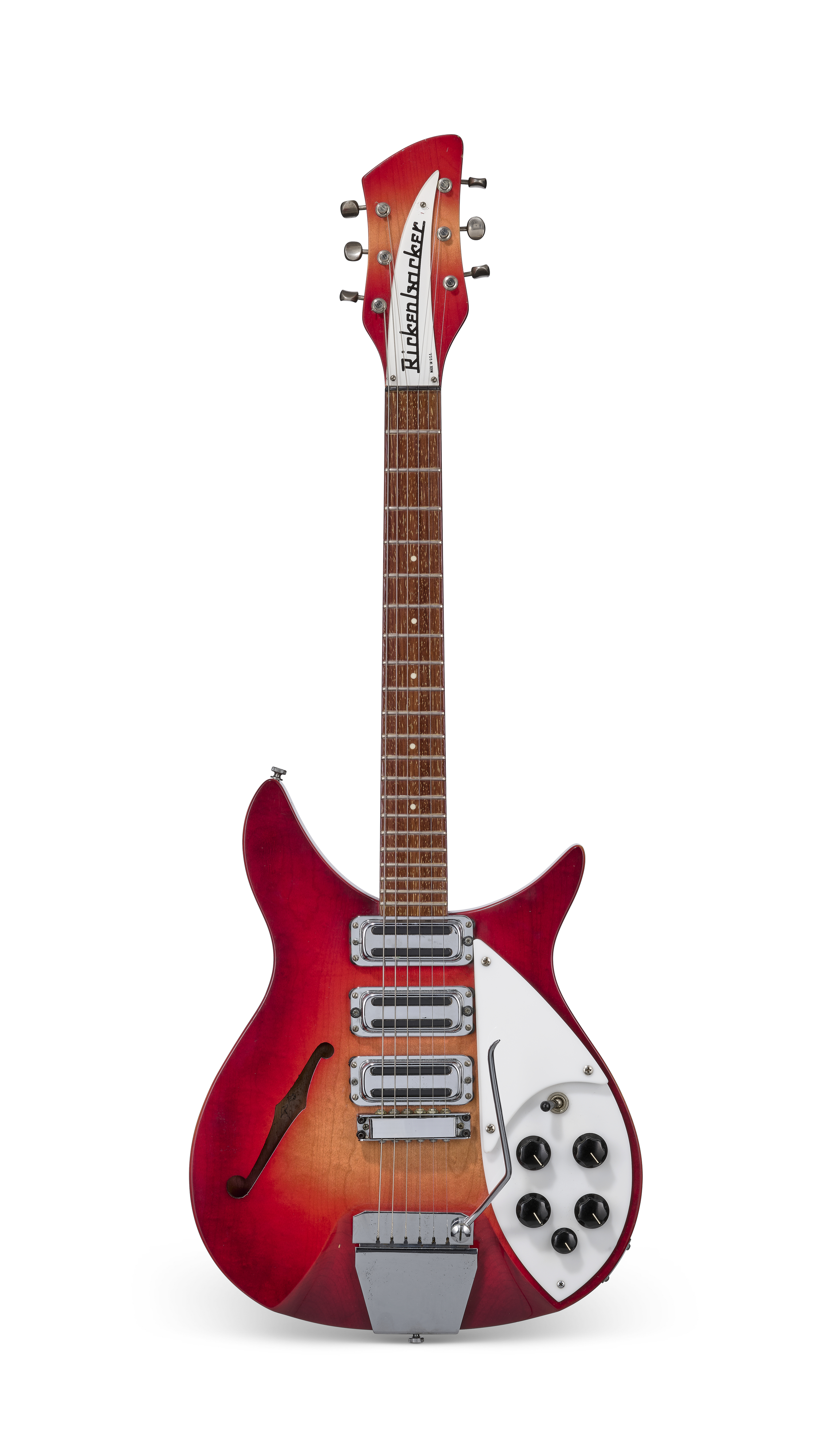 A red and sunburst electric guitar with three pickups and a white pickguard.