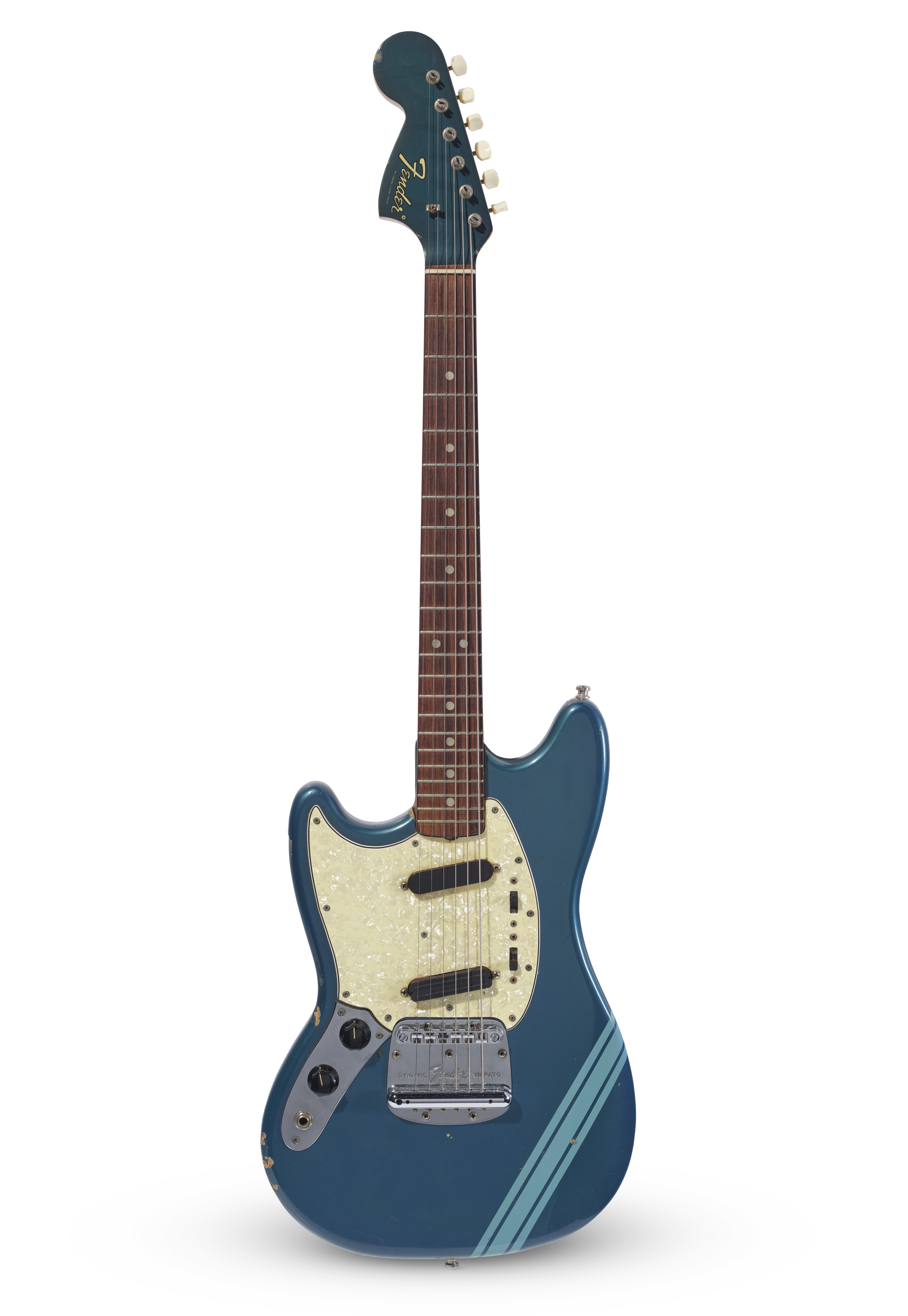 A blue electric guitar with a white pickguard and two diagonal light blue stripes on the body.