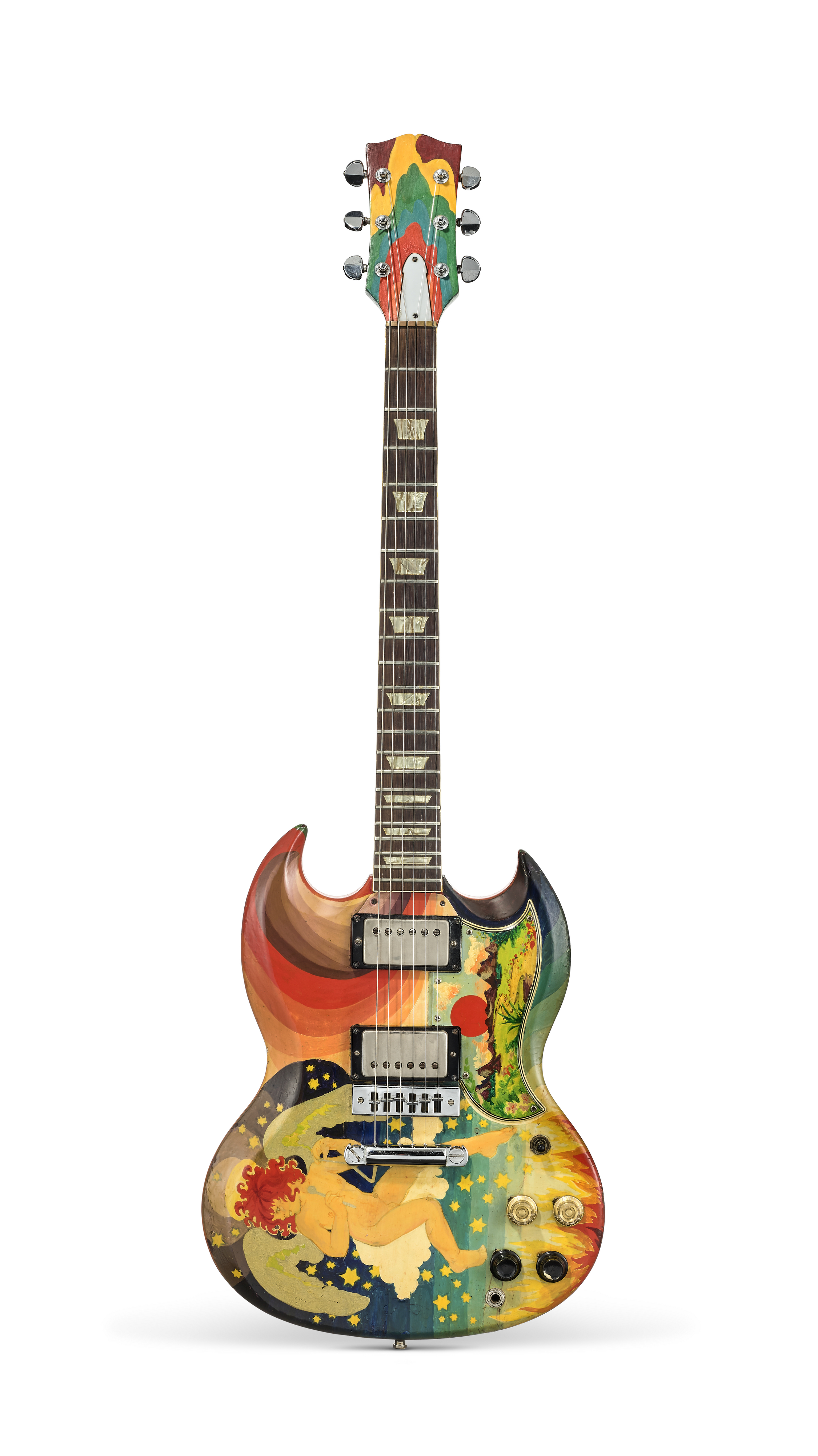 A colorful electric guitar features a painted angel and vibrant abstract designs on its body.