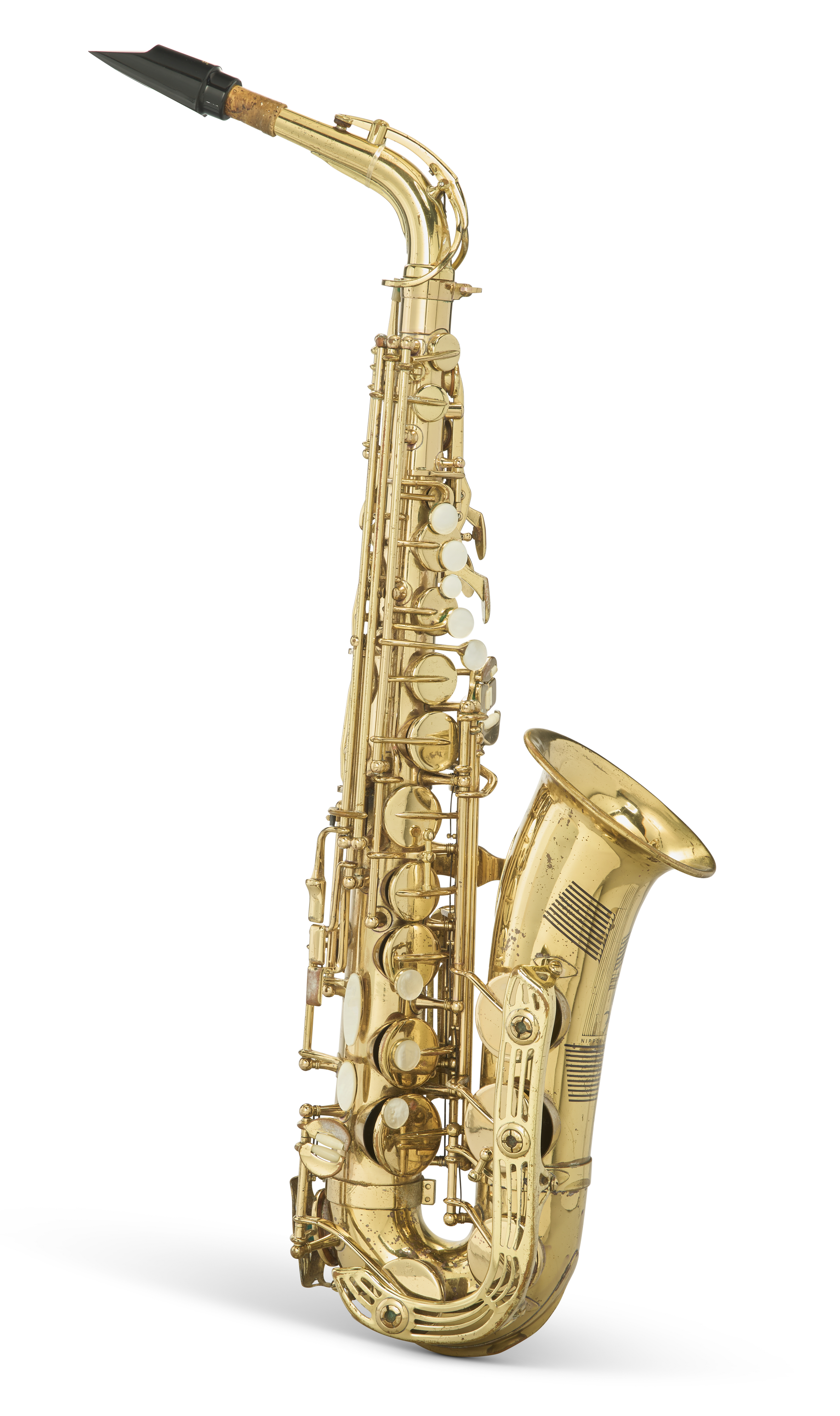 A gold alto saxophone with a black mouthpiece is shown against a white background.