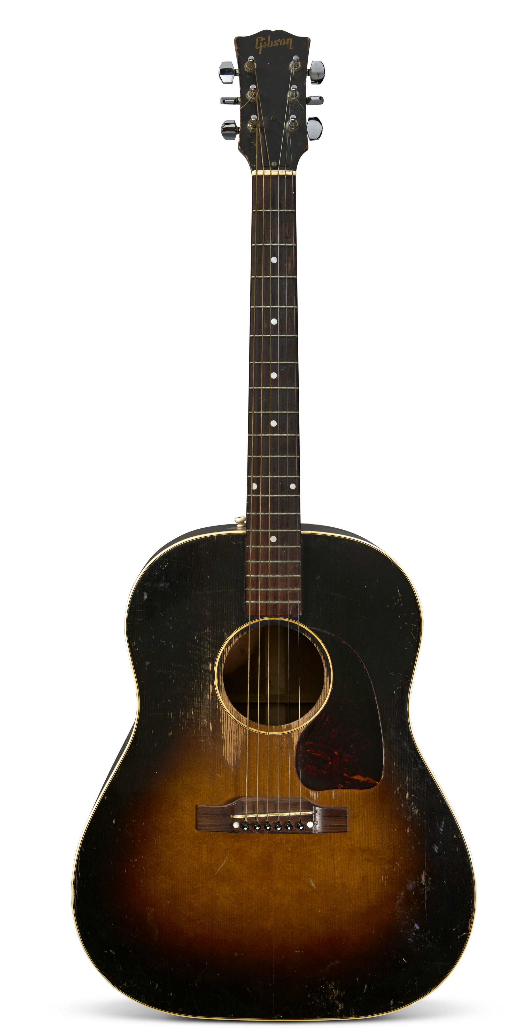 A vintage Gibson acoustic guitar with a sunburst finish and signs of wear.