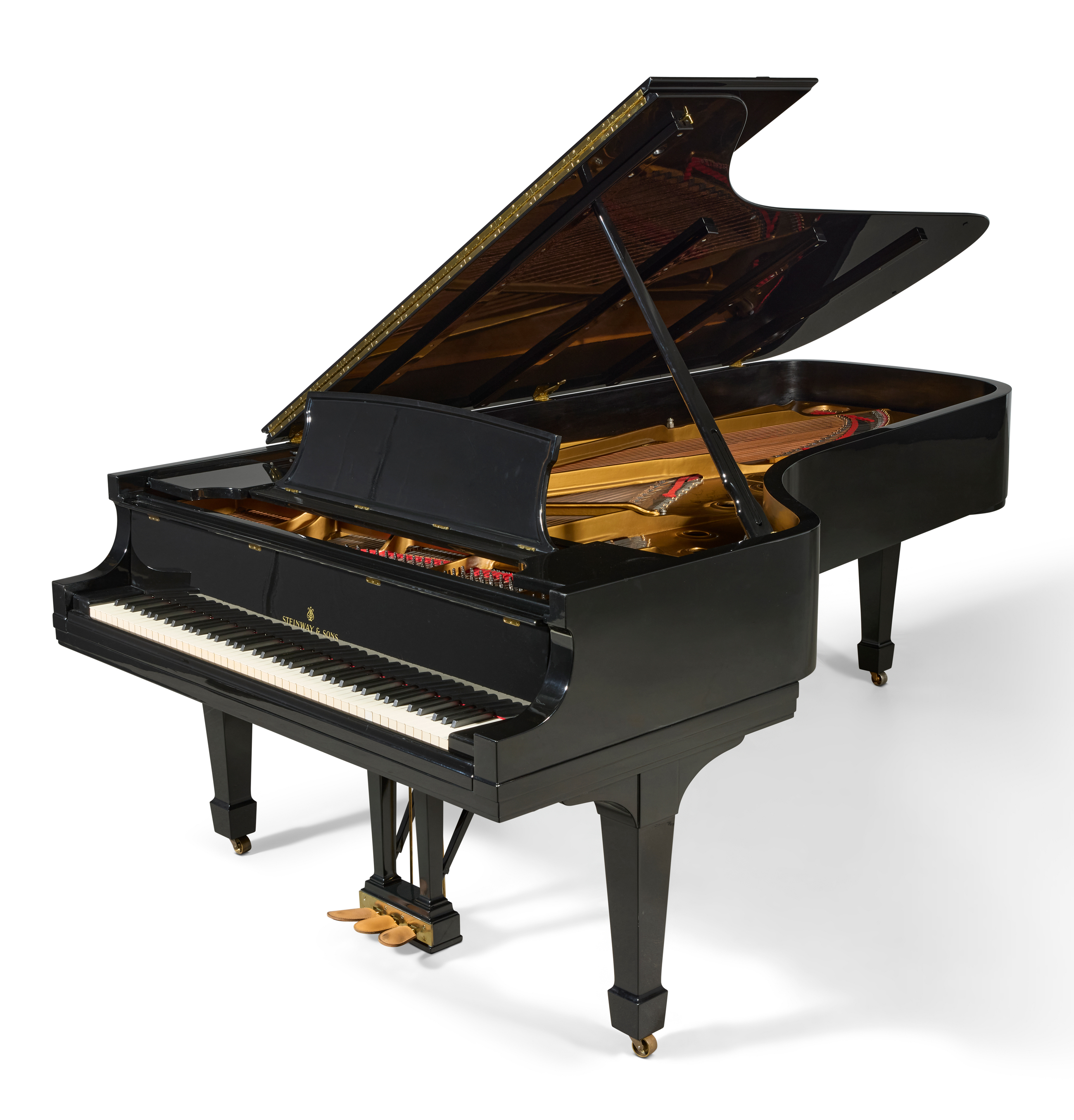 A black grand piano with an open lid is shown on a white background.