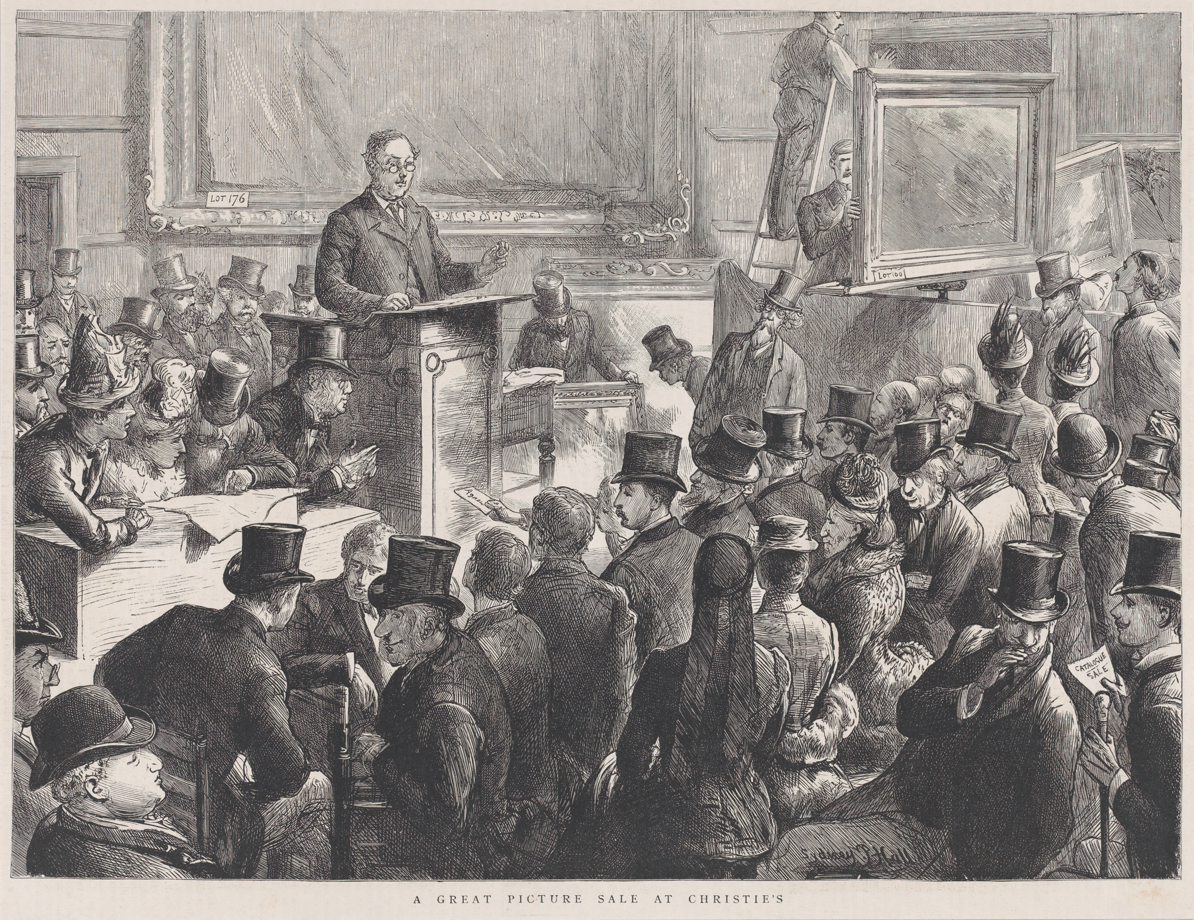 An auction scene shows a crowded room with people in formal attire and paintings being displayed.