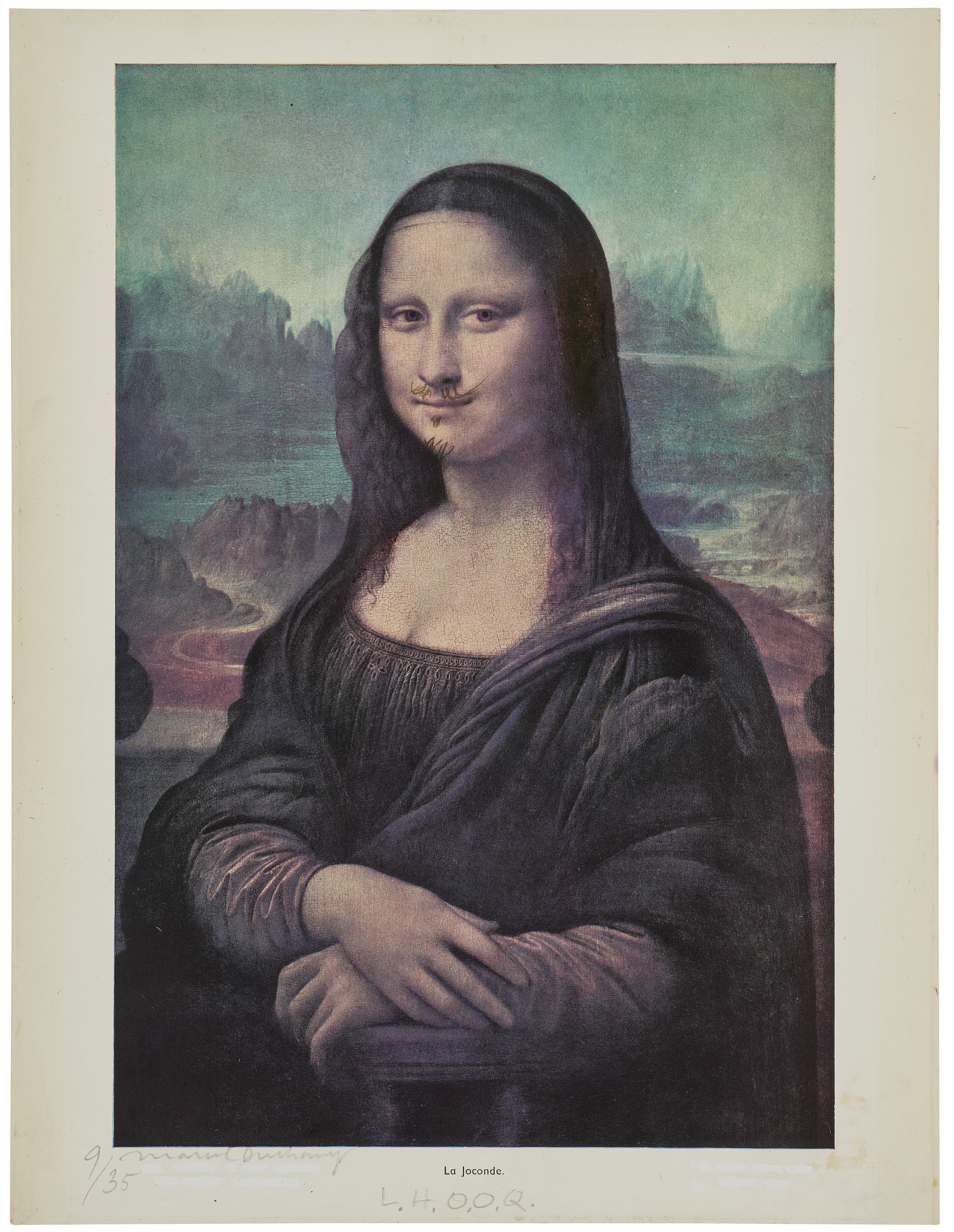 A famous Mona Lisa portrait with the face area blurred and hands folded on her lap.