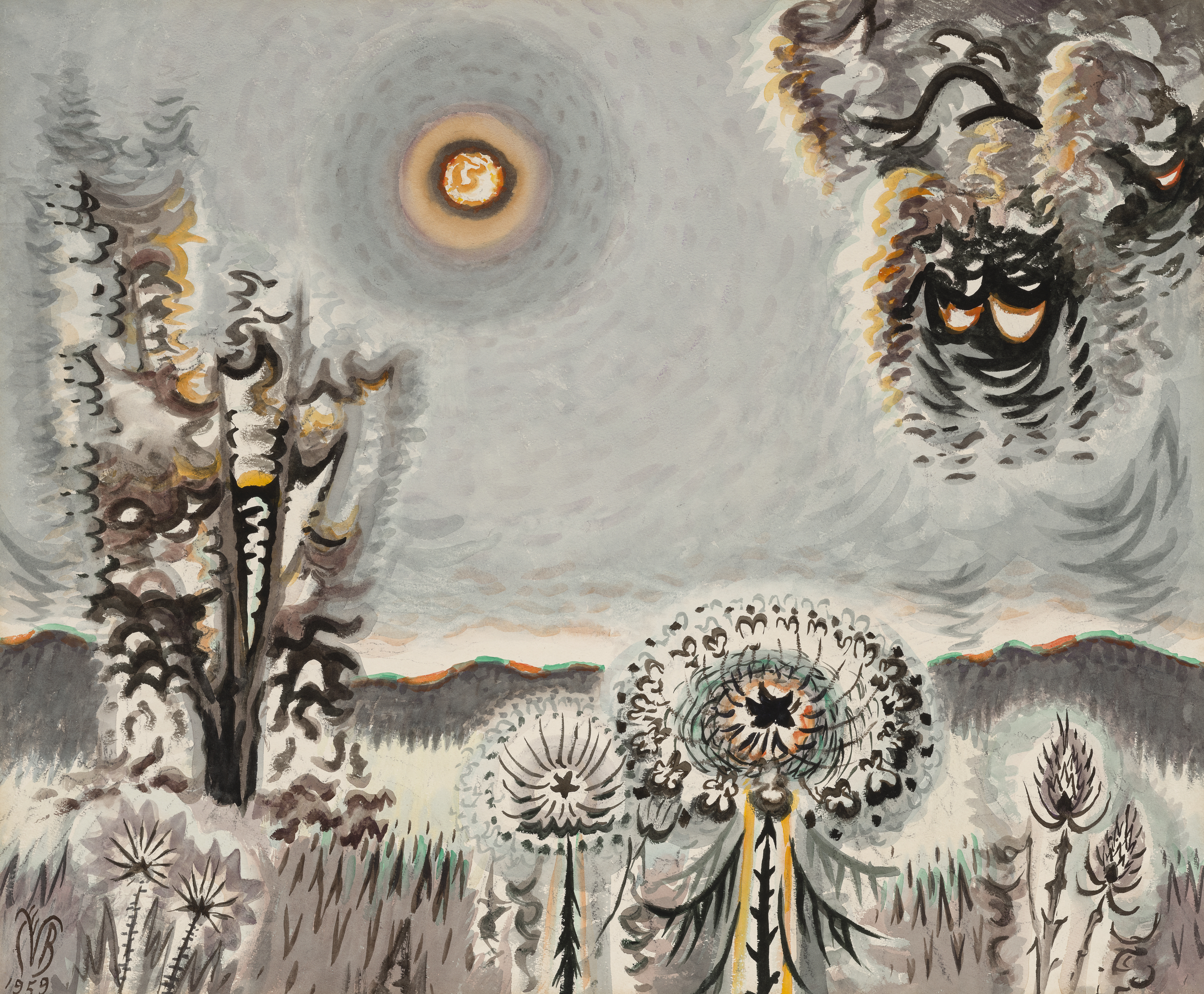 A surreal landscape with abstract trees, dandelions, a glowing sun, and swirling gray clouds.