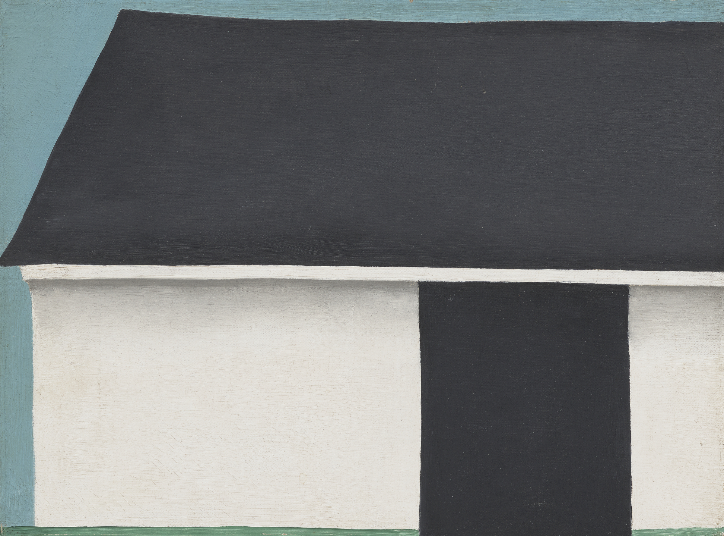 A minimalist painting of a white building with a black roof and door against a blue sky.