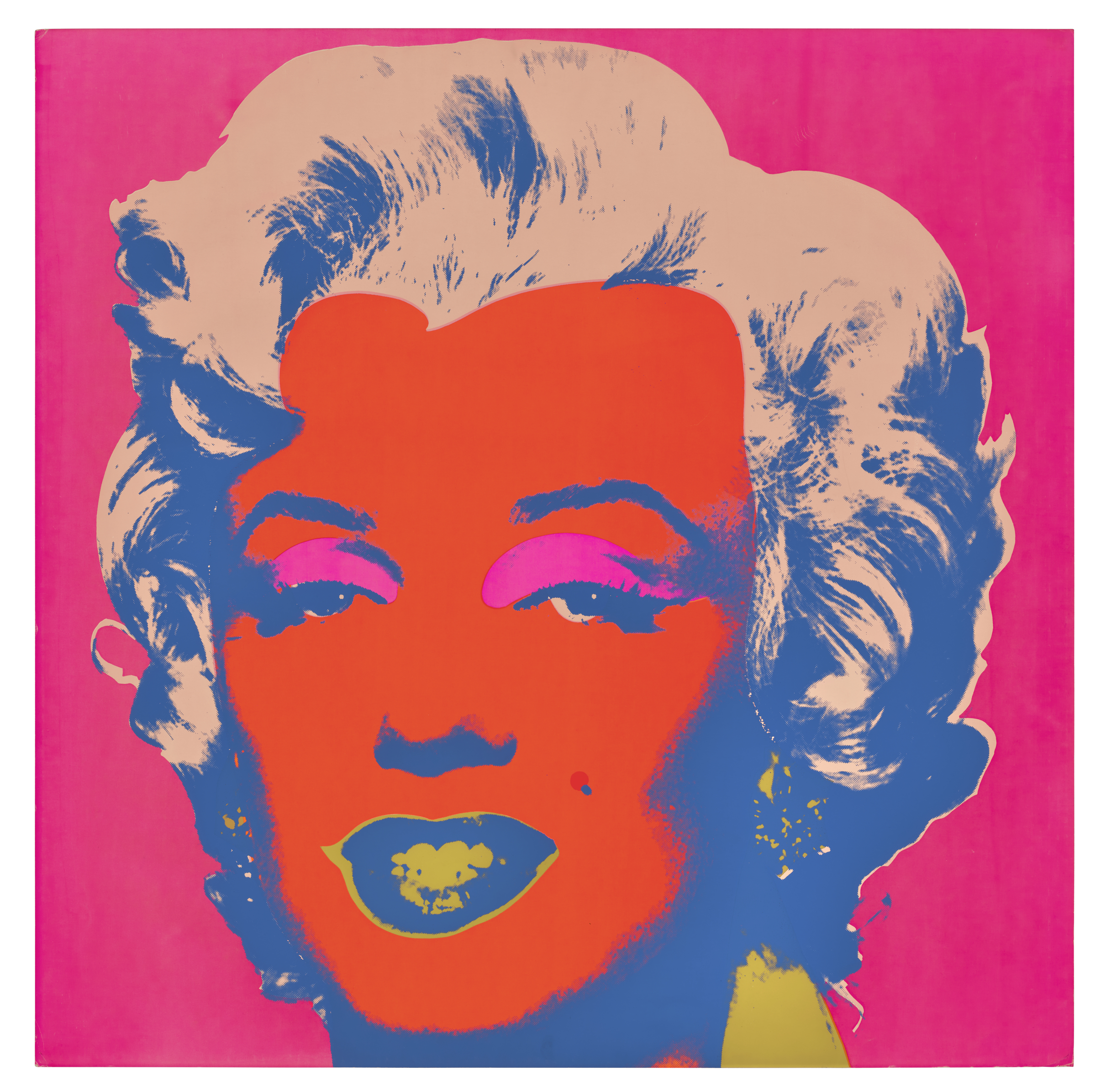 A colorful pop art portrait of a woman with bright makeup and a vibrant pink background.