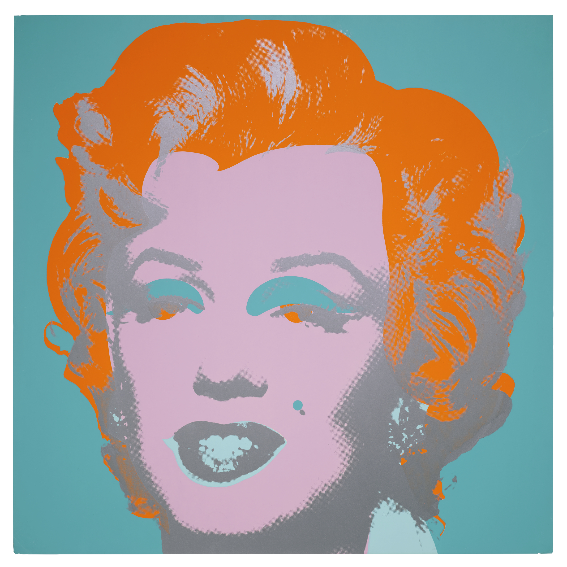 A stylized portrait features orange hair against a teal background with a blurred face.