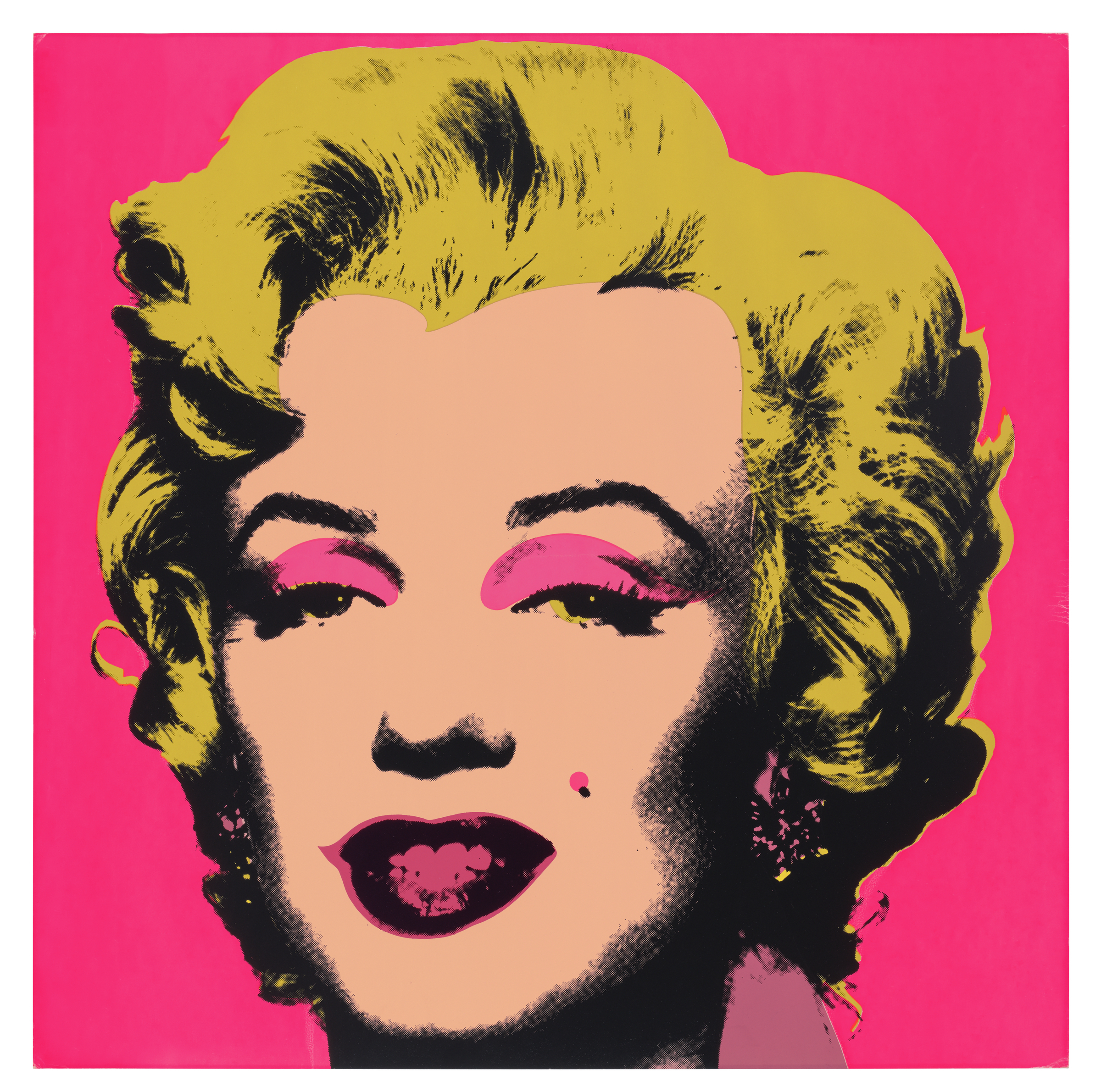 Bright pop art image with yellow hair on a pink background, face area blurred.
