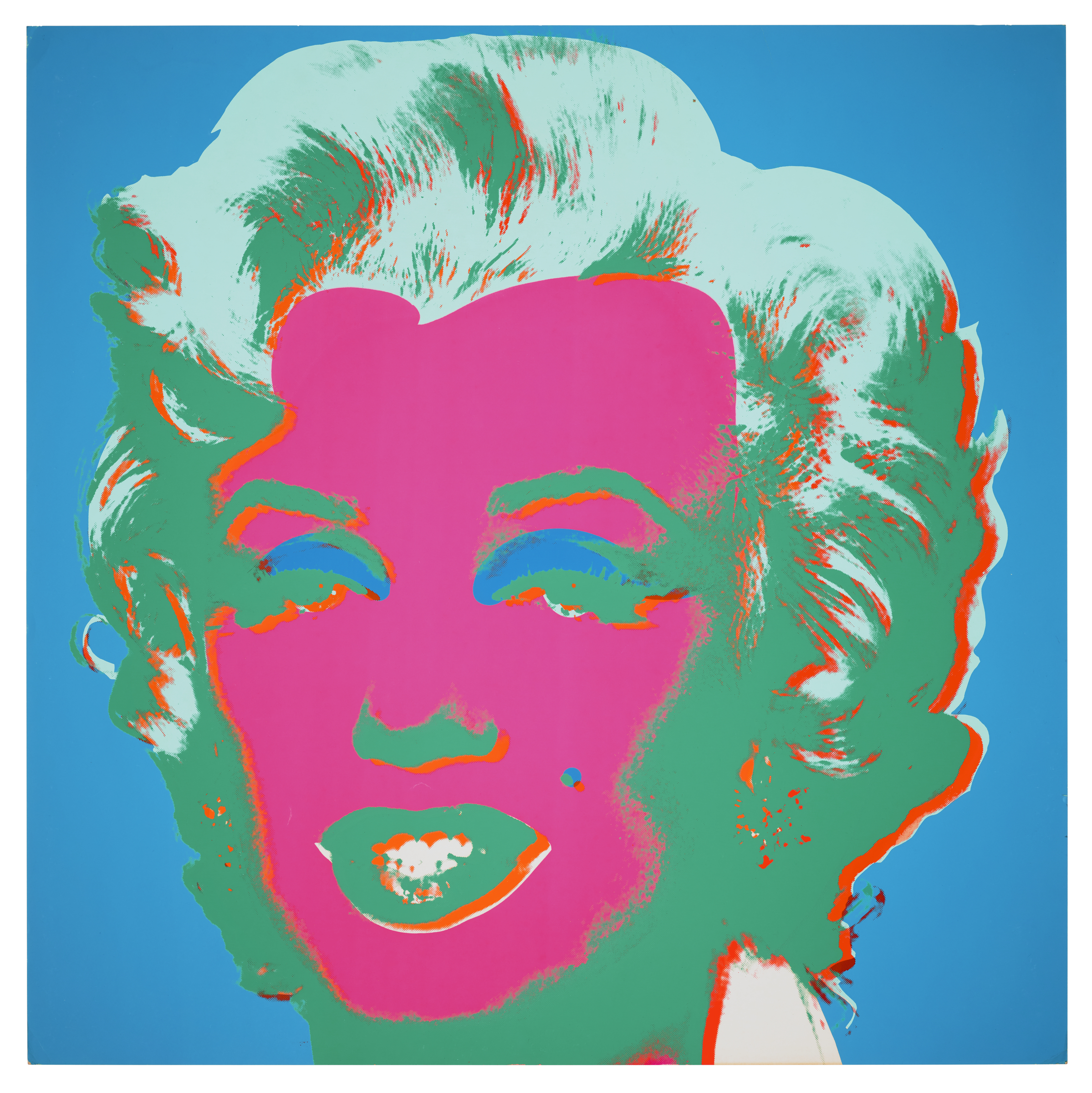 A colorful pop art portrait with the face area blurred against a bright blue background.
