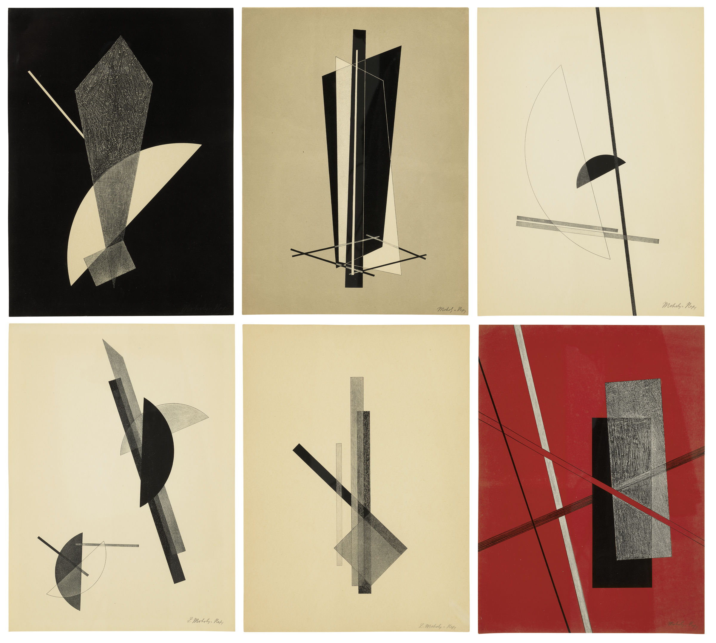 Six abstract geometric artworks feature intersecting shapes in black, white, and red backgrounds.