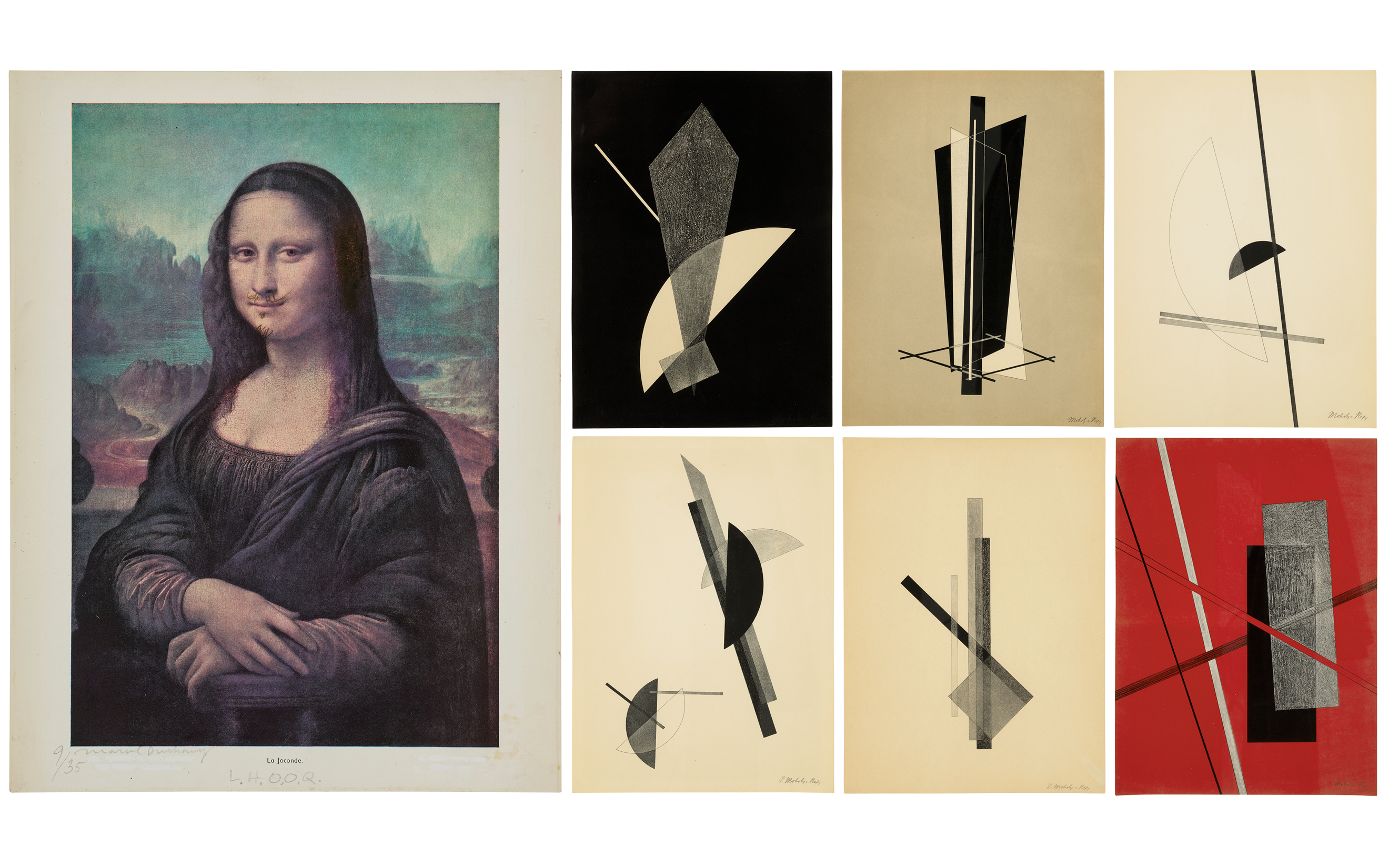 A blurred Mona Lisa image is beside six abstract geometric artworks with varied colors and shapes.