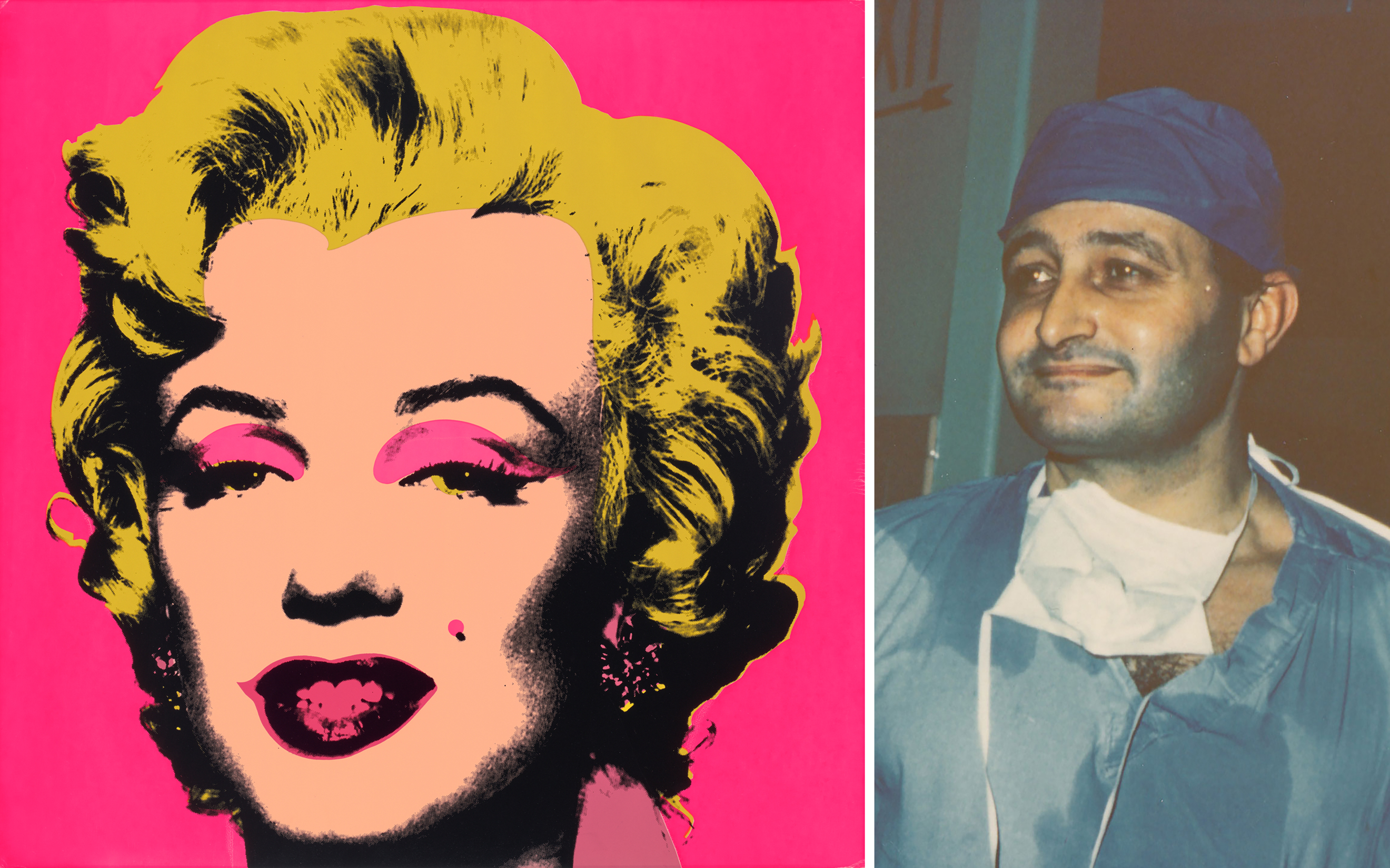 Left side shows a pop art portrait, right side shows a person in surgical attire.