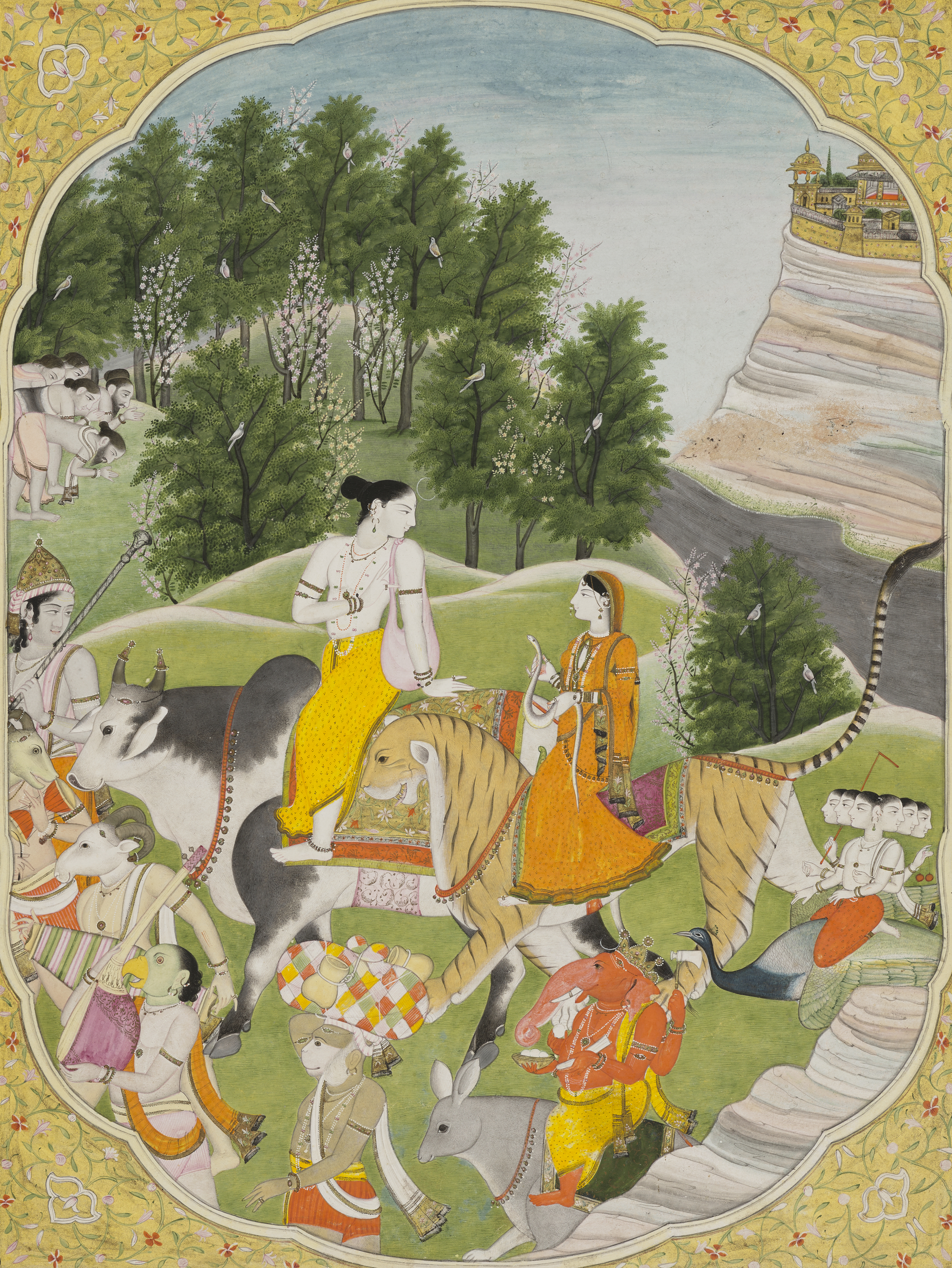 A colorful Indian miniature painting depicts a royal procession with animals and attendants in a lush landscape.