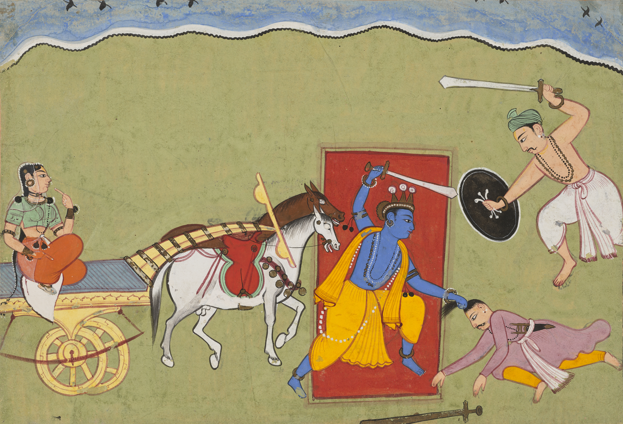 A blue-skinned figure in yellow fights enemies beside a horse-drawn chariot on a battlefield.