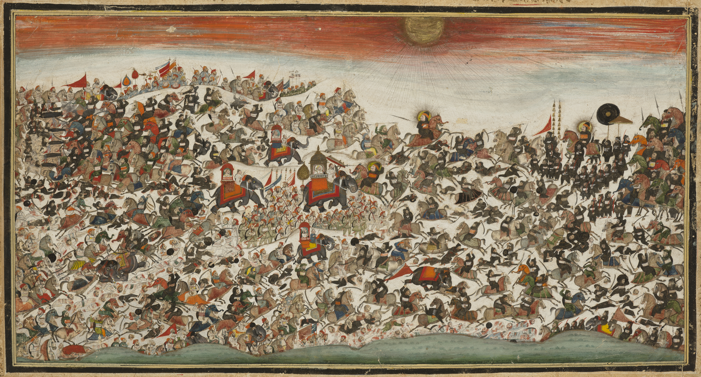 A large, chaotic battle scene with warriors, horses, and flags under a reddish sky.
