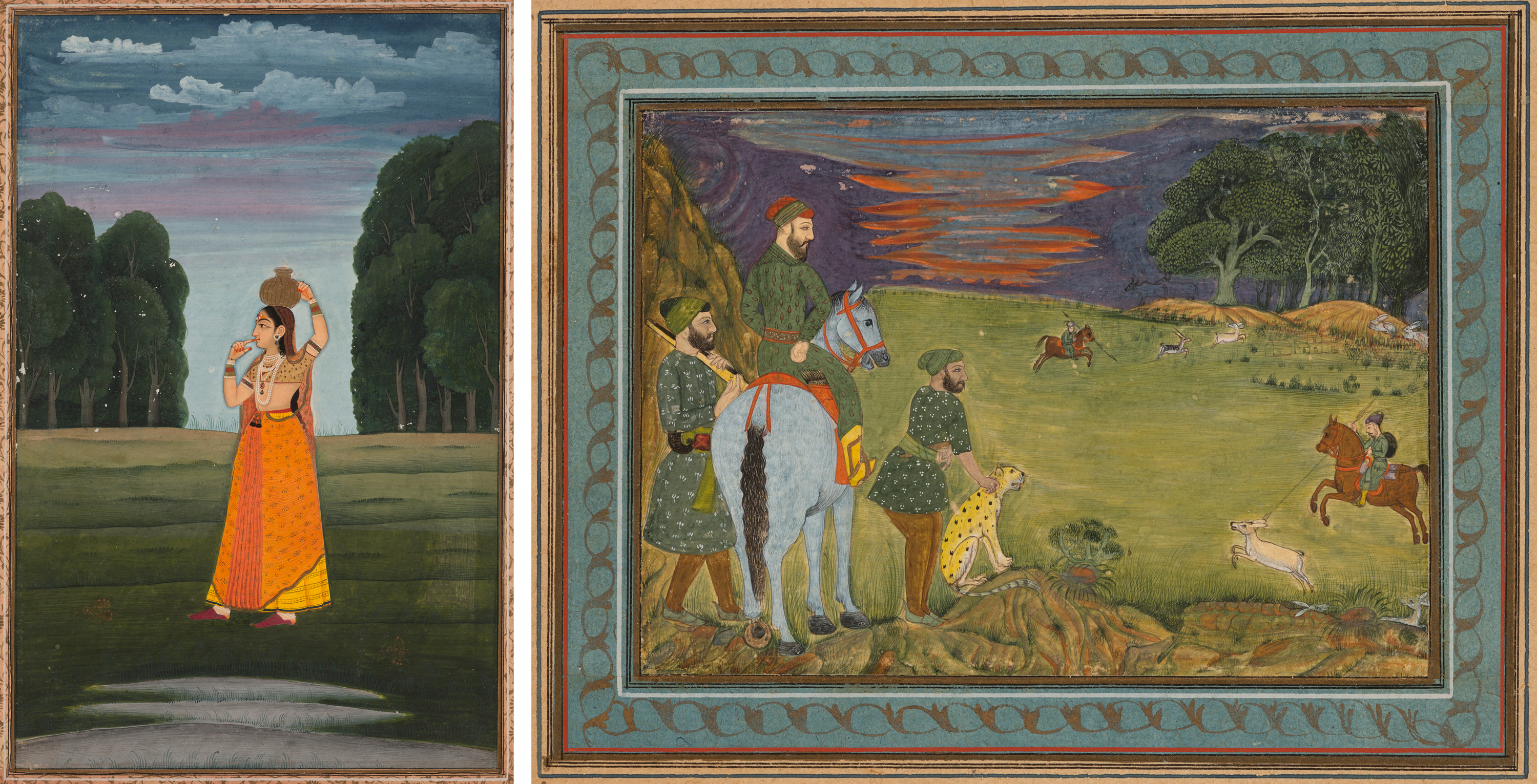 The left image shows a woman carrying a pot, and the right depicts a hunting scene with horses and dogs.