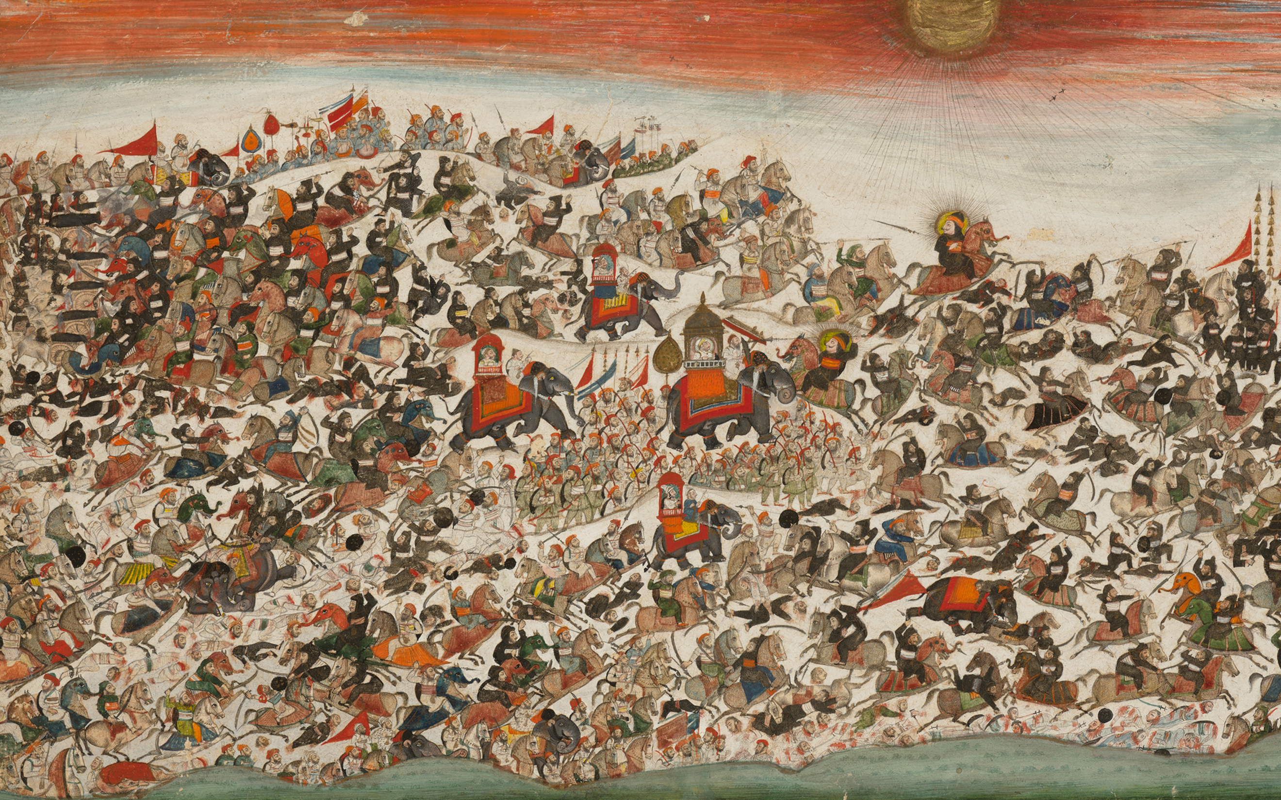 A chaotic battle scene with warriors, horses, elephants, and flags under a red sky.