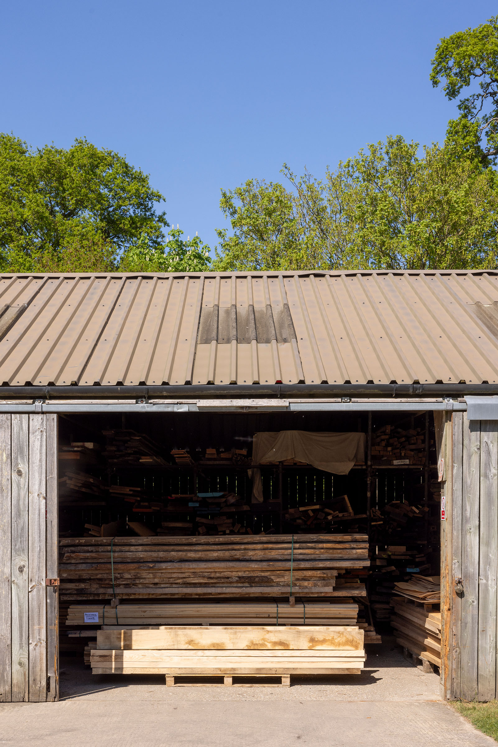 Benchmark's timber shed. 'Slow-dried timber is more stable - the rule of thumb is one year per inch of thickness,' says Penrose