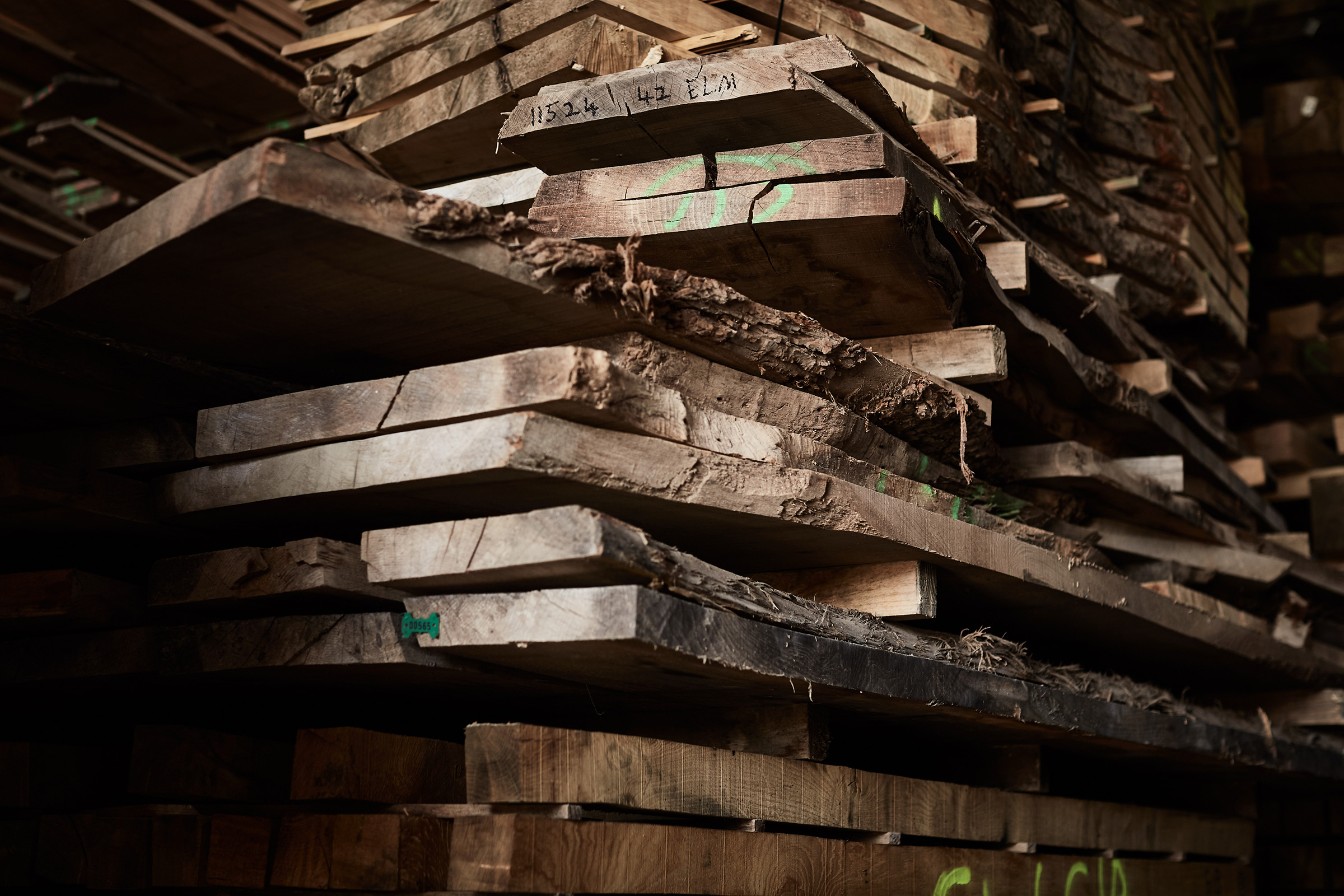 Planks of elm, used in pieces such as the Darby table (which is also available in oak or walnut). The boards for the tabletop are carefully selected to create symmetry of grain