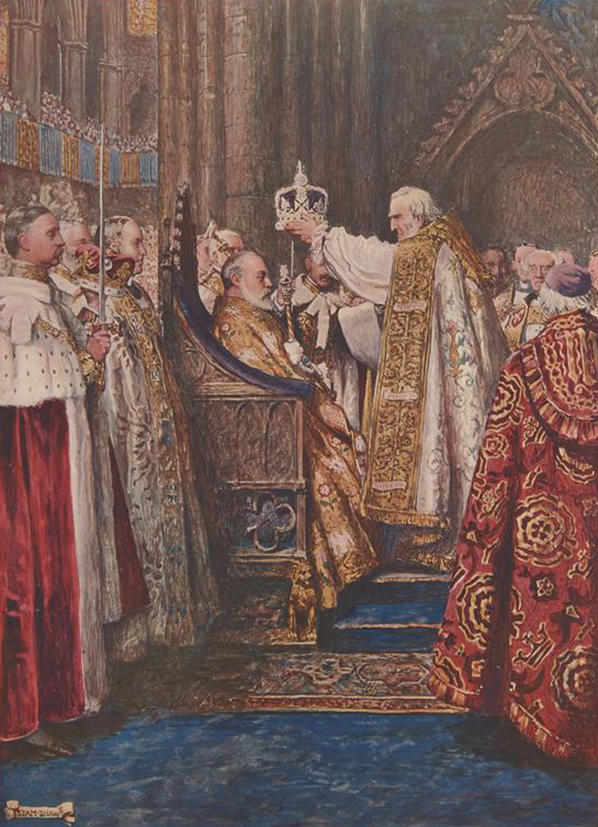 John Byam Liston Shaw, The Crowning of Edward VII, 1902. In this painting, the carpet's indigo border with colourful white and yellow cartouches can be clearly seen
