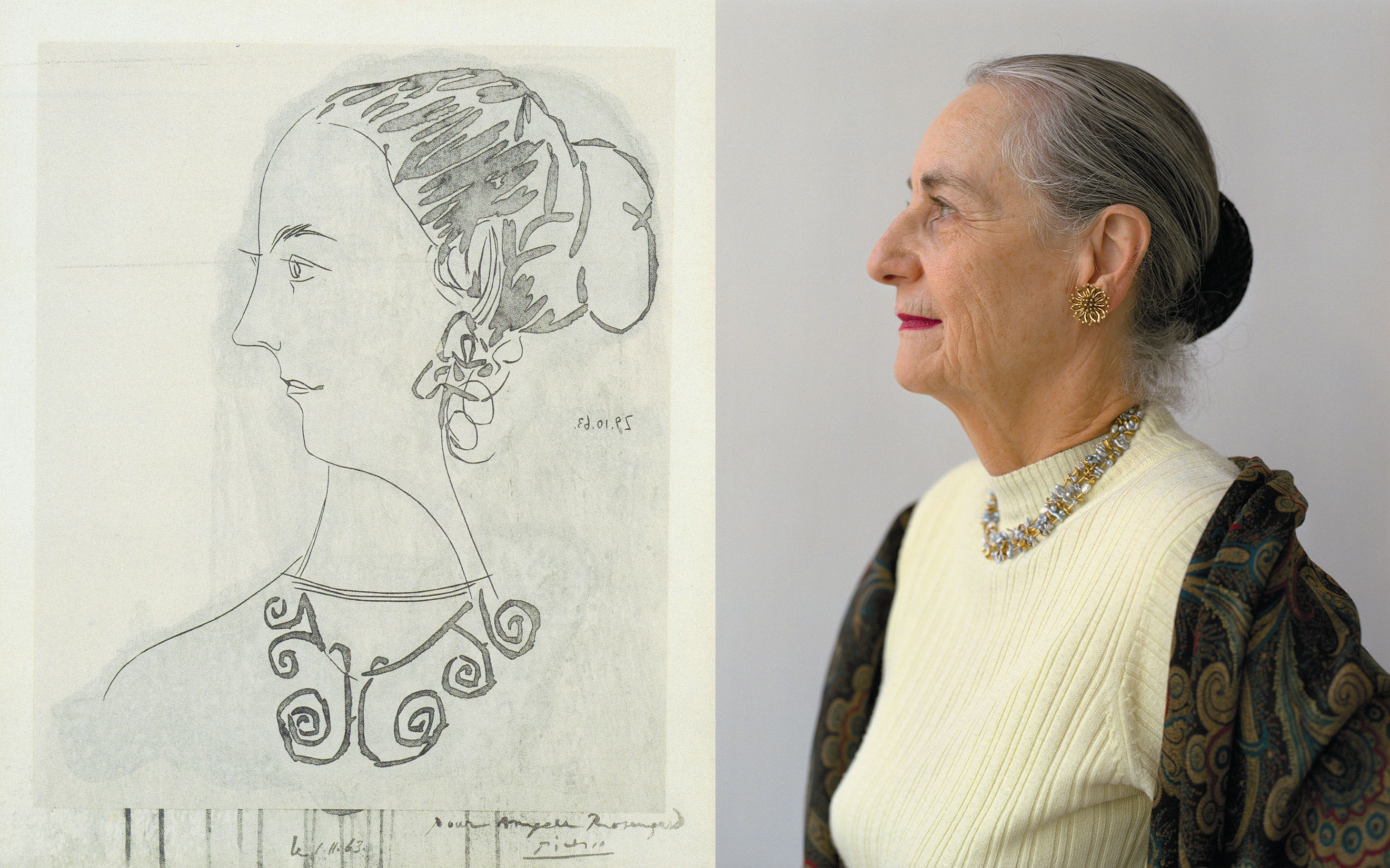 Left, a portrait of Angela Rosengart by Pablo Picasso, 1963. The Rosengart Collection Museum, Lucerne. Right, the collector