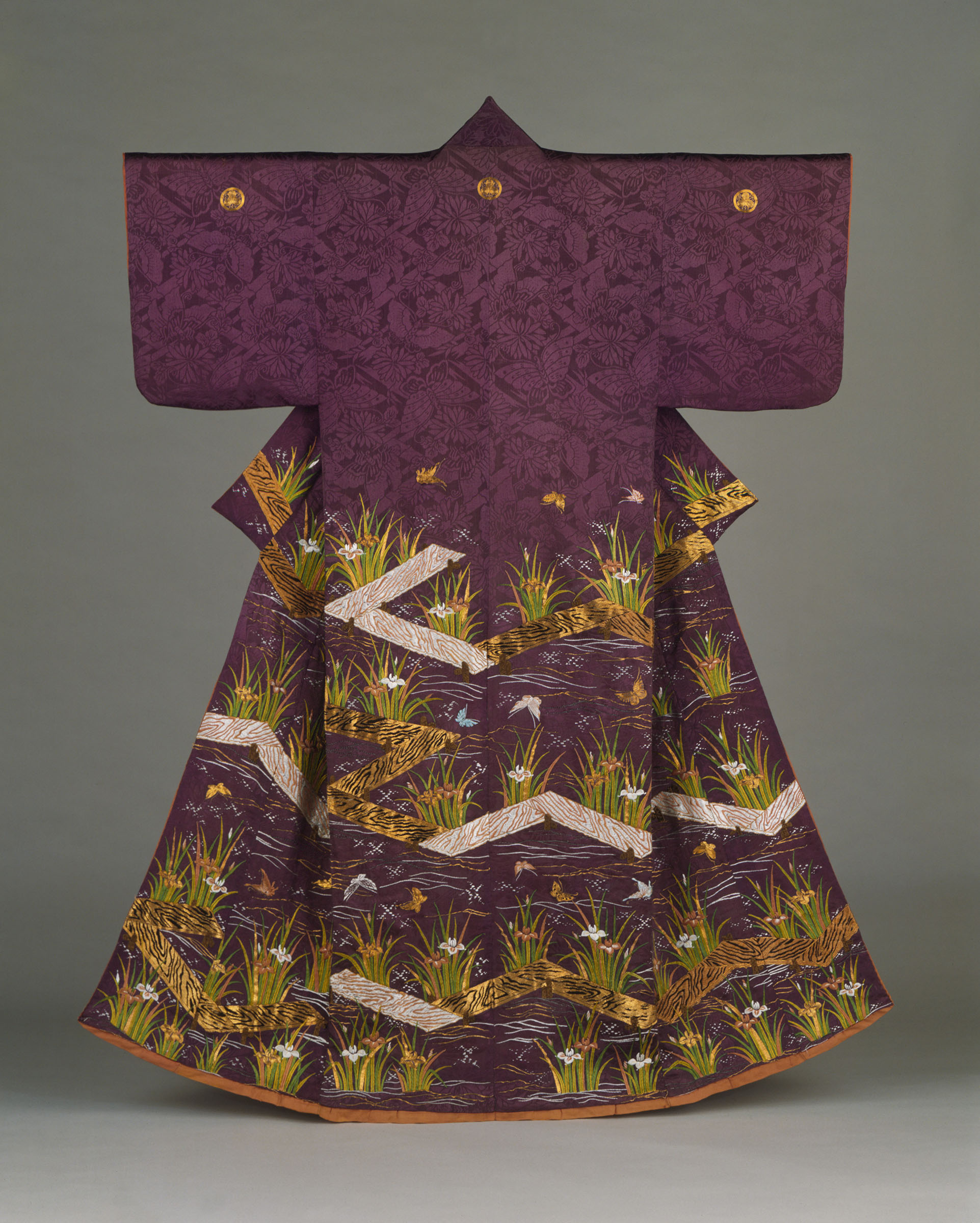 Woman’s kosode with plank bridges, irises and butterflies, late Edo to Meiji period, 19th century. Los Angeles County Museum of Art, gift of Miss Bella Mabury