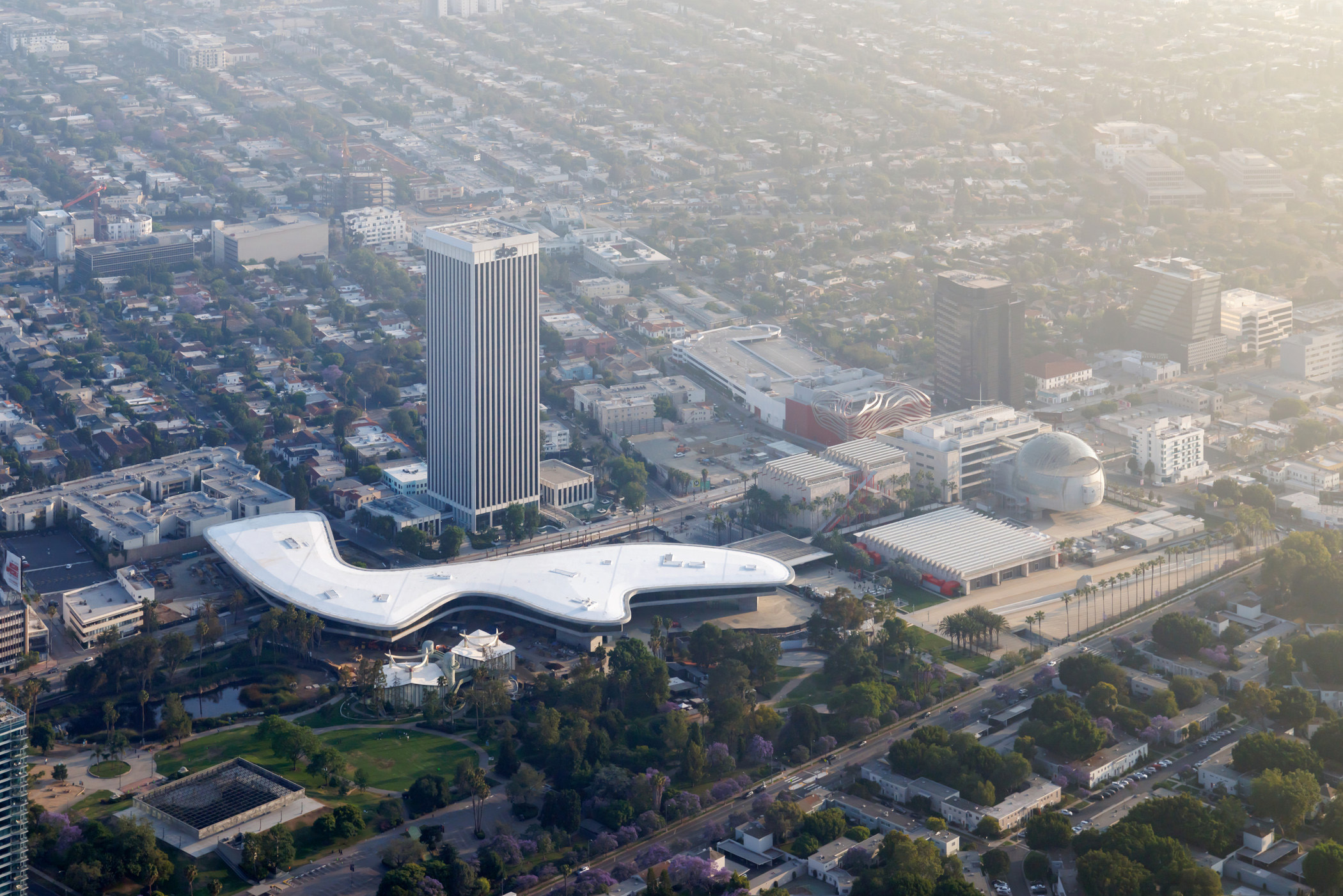 An aerial view of the LACMA buildings, including the David Geffen Galleries, in the Miracle Mile neighbourhood of Los Angeles