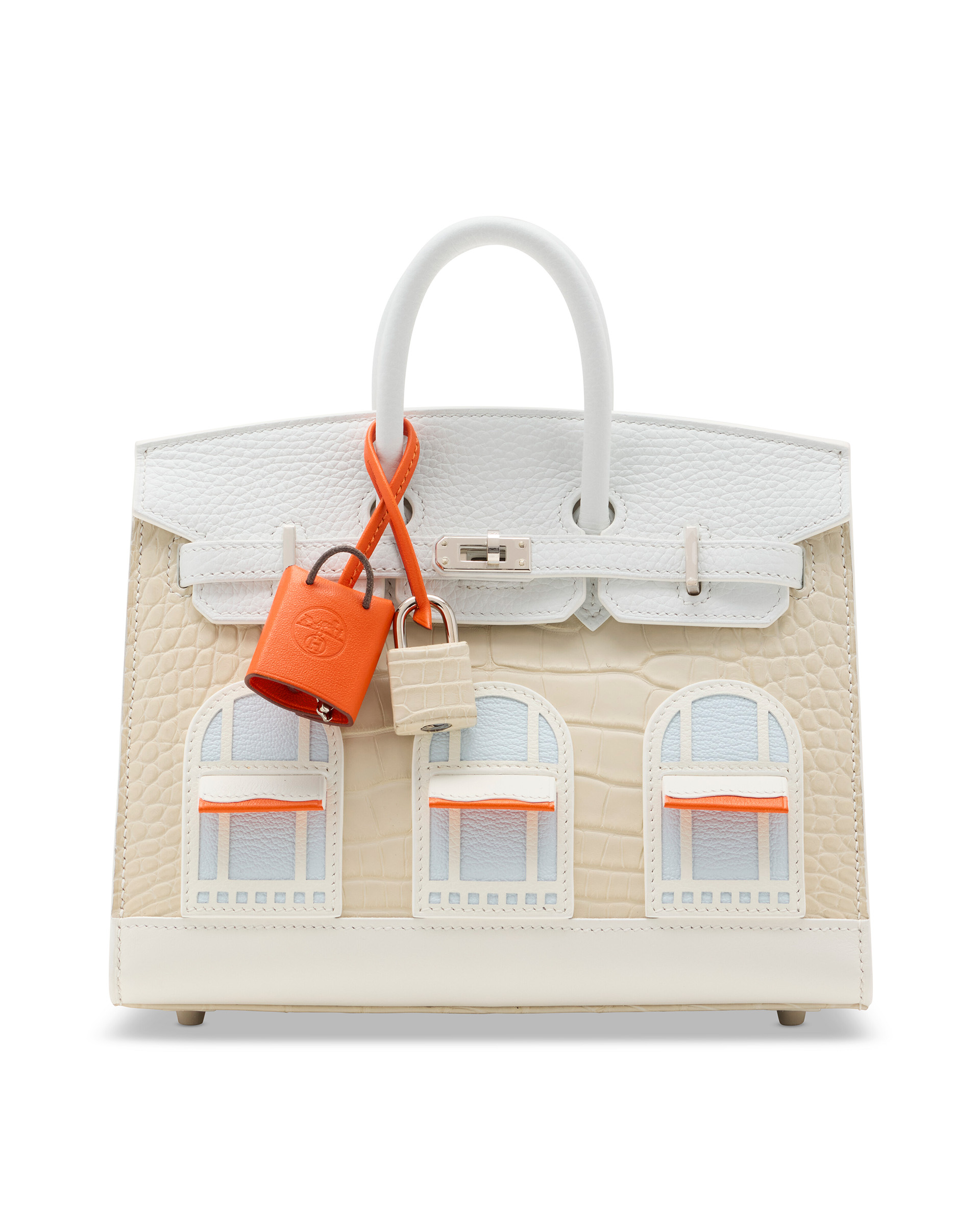 A rare matte Beton alligator, white Togo, Swift and Sombrero, Orange H and Craie Swift and Bleu Brume Chevre leather Snow Faubourg Sellier Birkin 20 with palladium hardware, Hermes, 2021, sold for HK$3,810,000 on 24 November 2025 at Christie's in Hong Kong