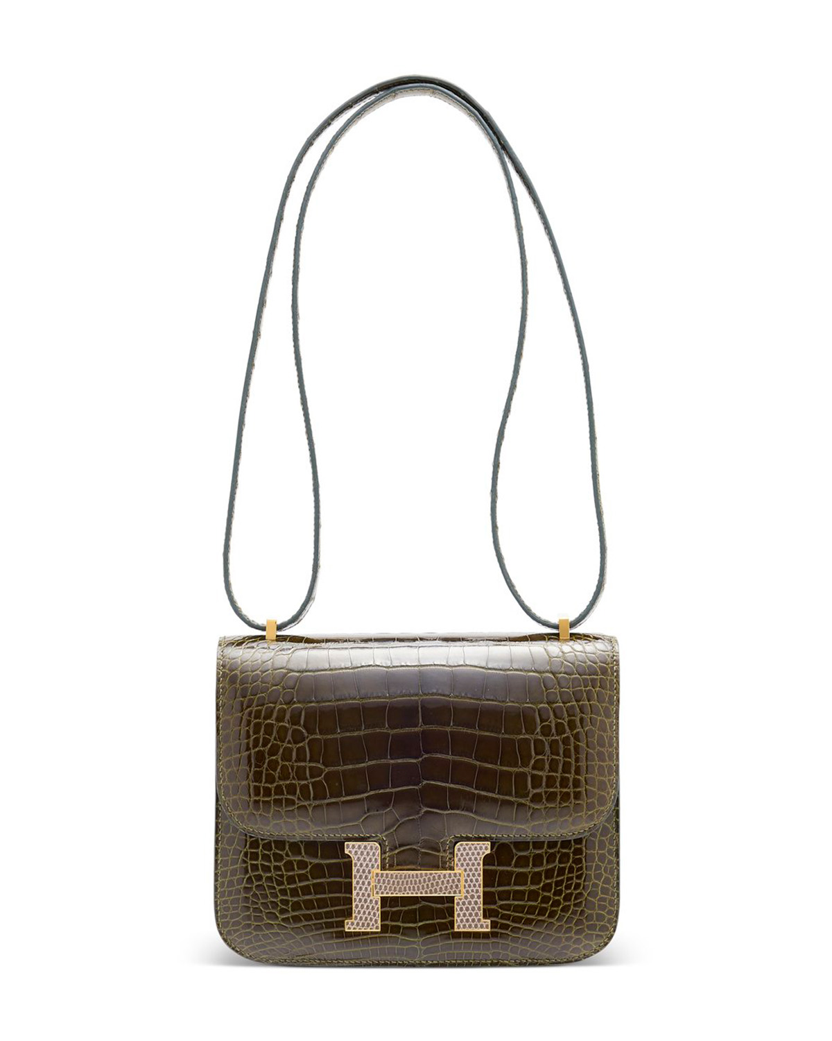 A limited-edition shiny Vert Veronese alligator Mini Constance Marquette 18 with agate lizard and gold hardware, Hermes, 2015, offered by Christie's Private Sales