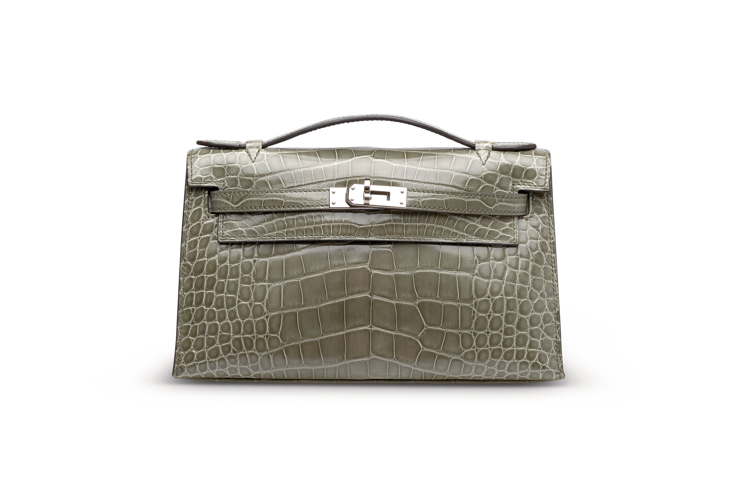 A shiny Gris Tourterelle alligator Kelly Pochette with palladium hardware, Hermes, 2015, sold for HK$403,200 on 25 November 2023 at Christie's in Hong Kong