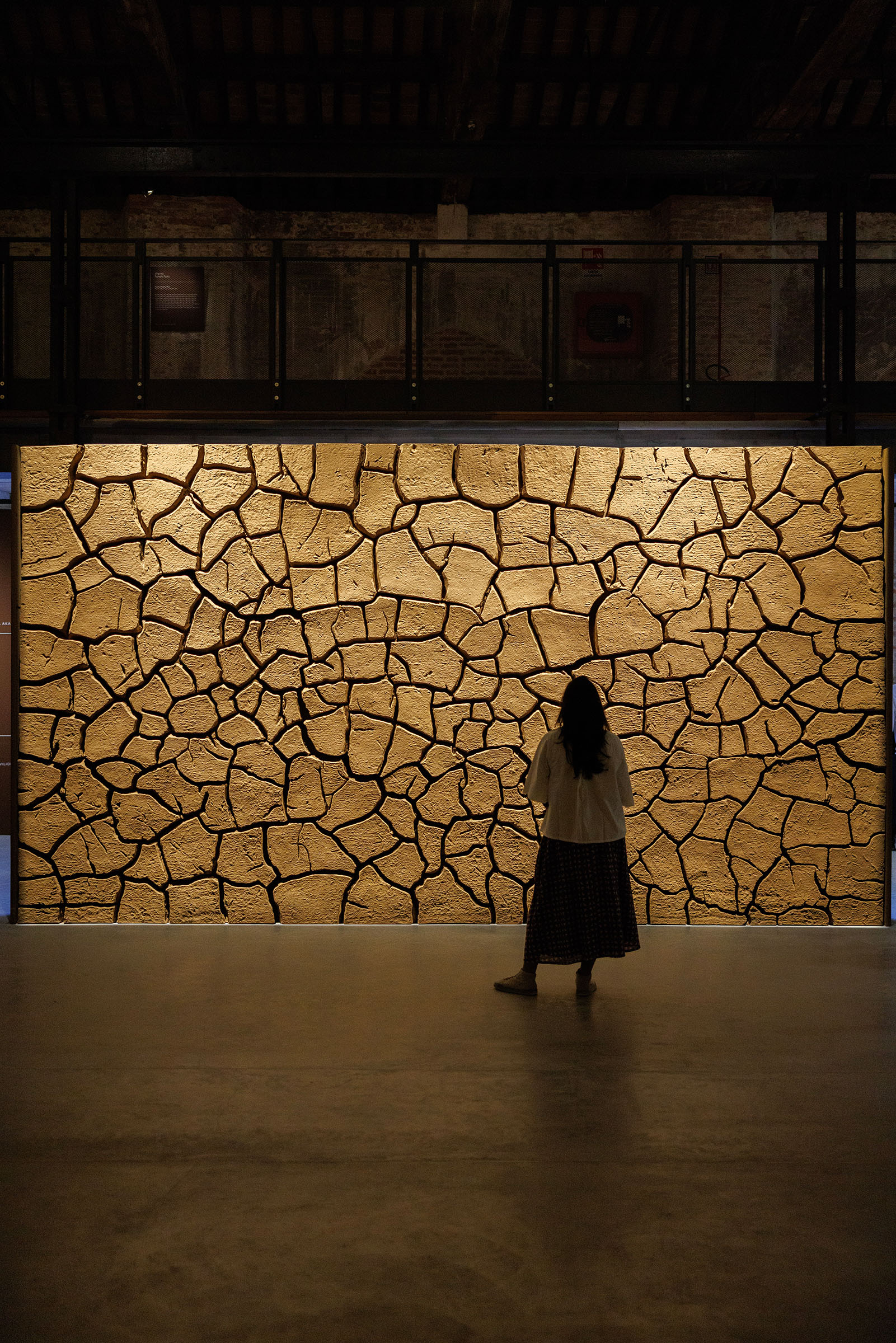 One of two monumental panels of earth by Alwar Balasubramaniam. Made using soil from his native Tamil Nadu, the works confront the problem of over-harvesting there