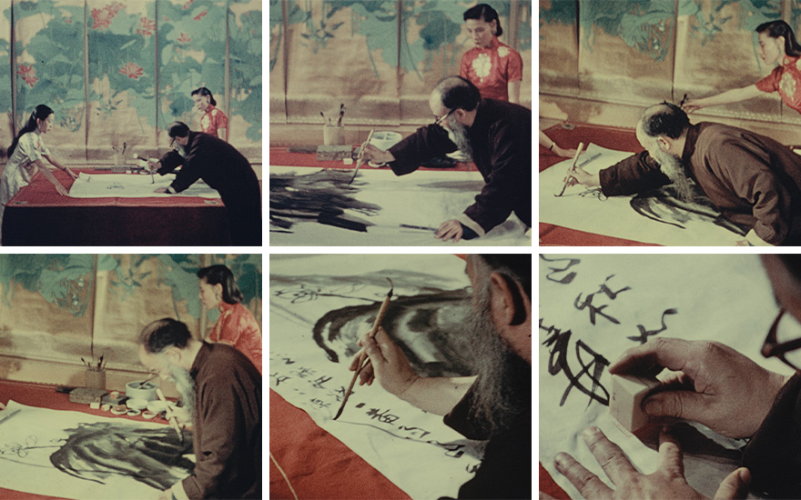 An elderly man is creating traditional Chinese calligraphy art with brushes, observed by women in cheongsams.