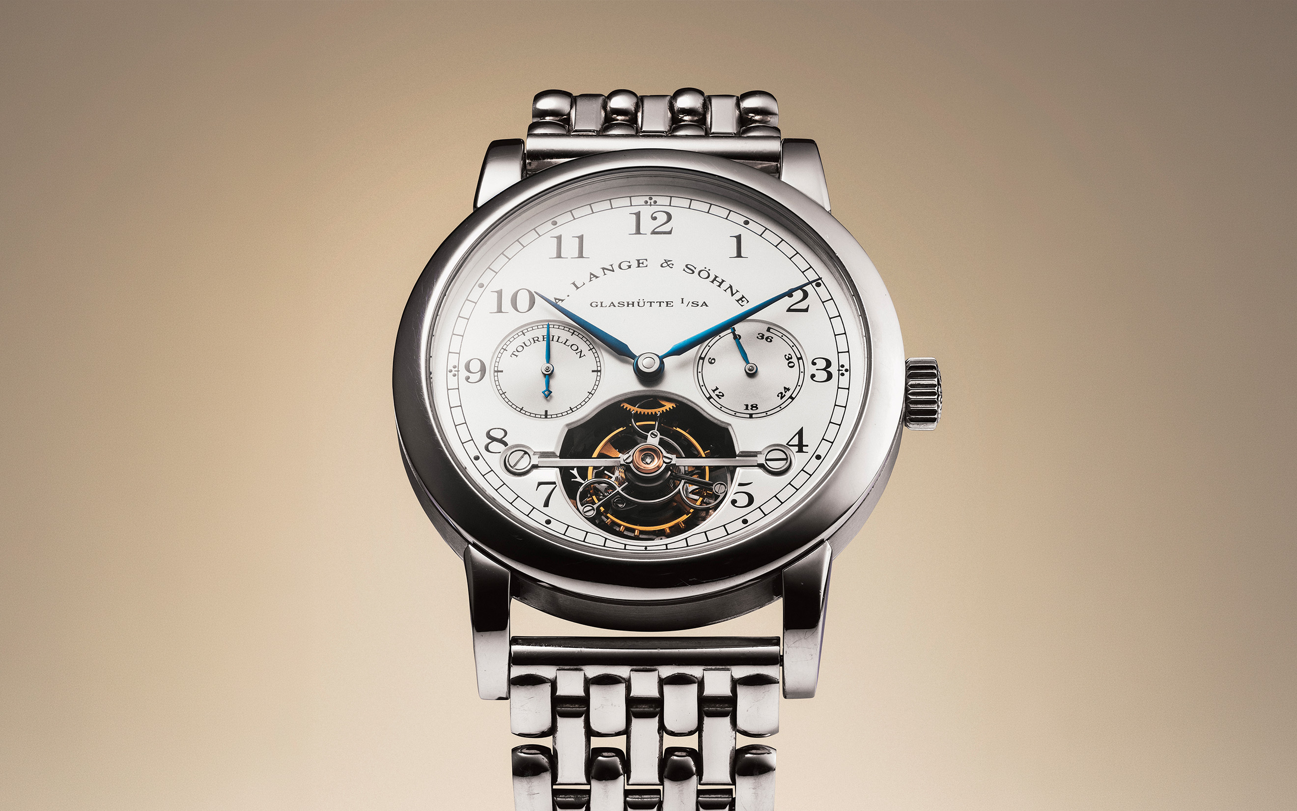 A. Lange and Sohne. A platinum limited-edition tourbillon wristwatch with fusee-and-chain transmission, power-reserve indication and Wellendorff bracelet, Tourbillon Pour le Merite model, circa 1994, offered in Rare Watches on 11 and 12 May 2026 at Christie's in Geneva