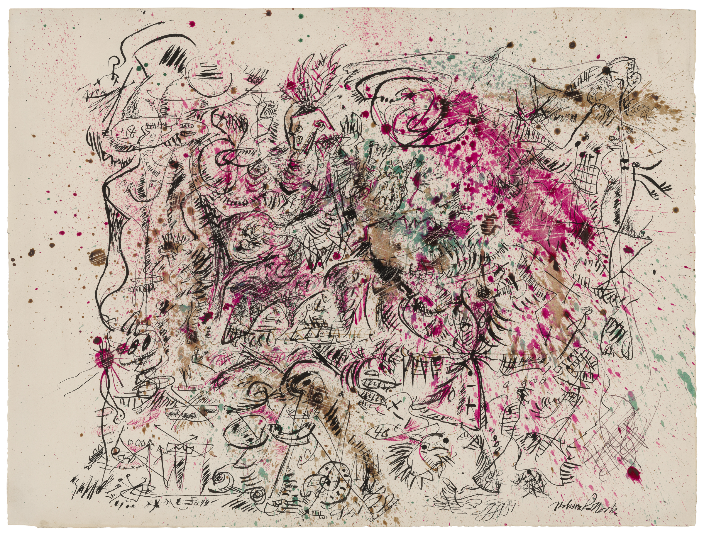 An abstract artwork featuring chaotic black lines, splashes of magenta, brown, and green ink.