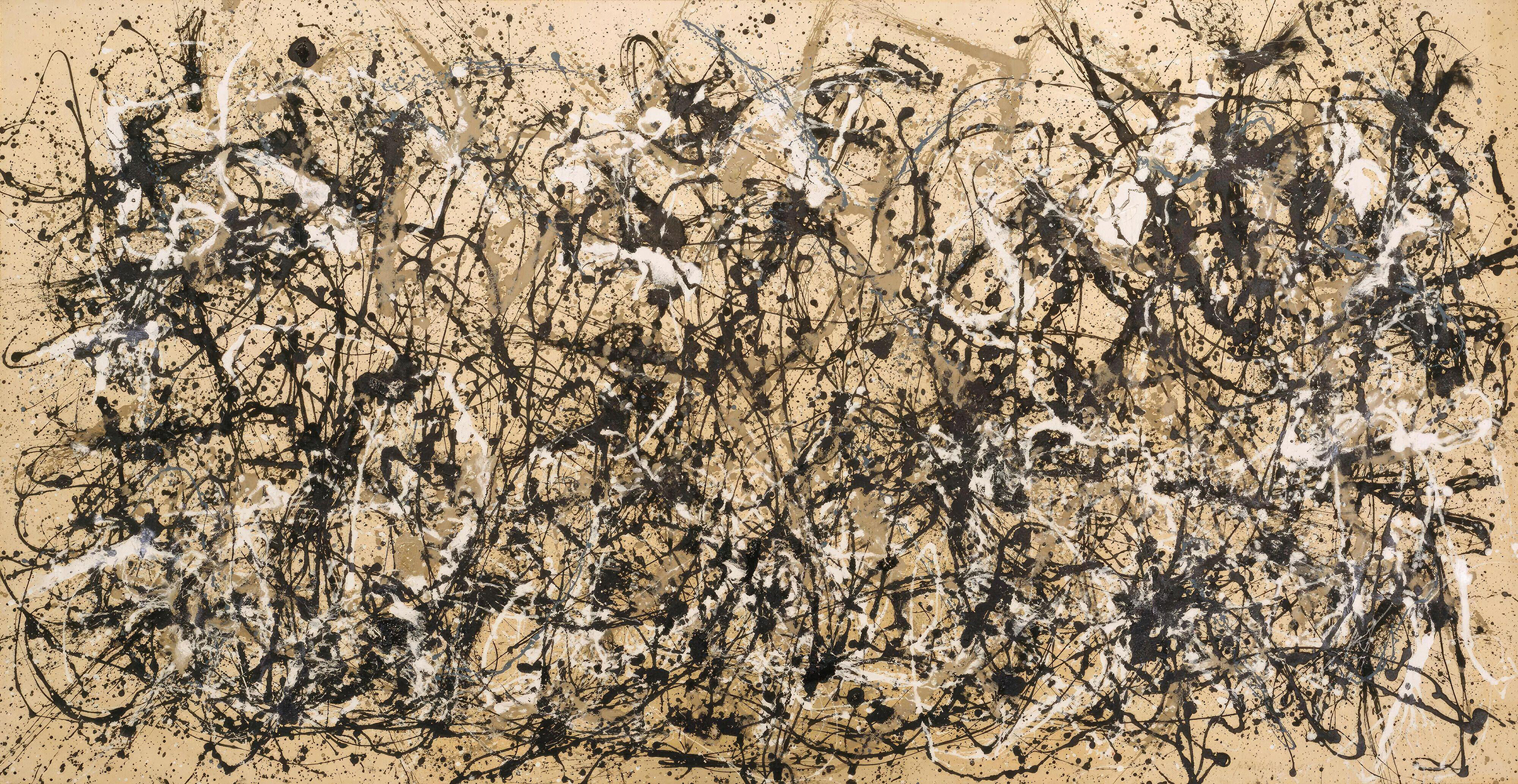 Chaotic black and white paint splatters cover a beige canvas in an abstract expressionist style.