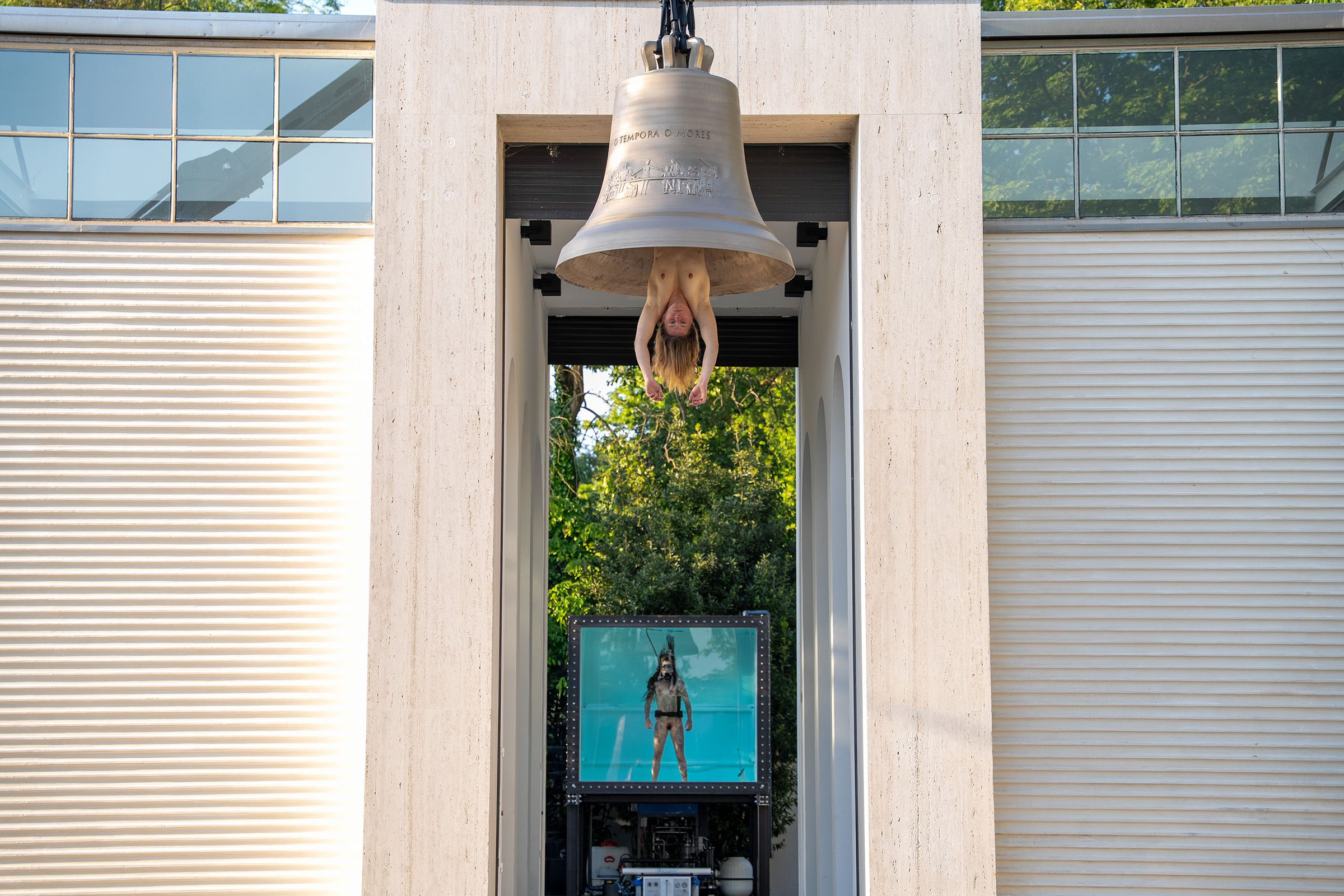 Choreographer and performance artist Florentina Holzinger represents Austria at the Biennale with Seaworld Venice (until 22 November 2026), in which dancers are submerged in water tanks and she uses her own body, hanging upside down, to ring a warning bell