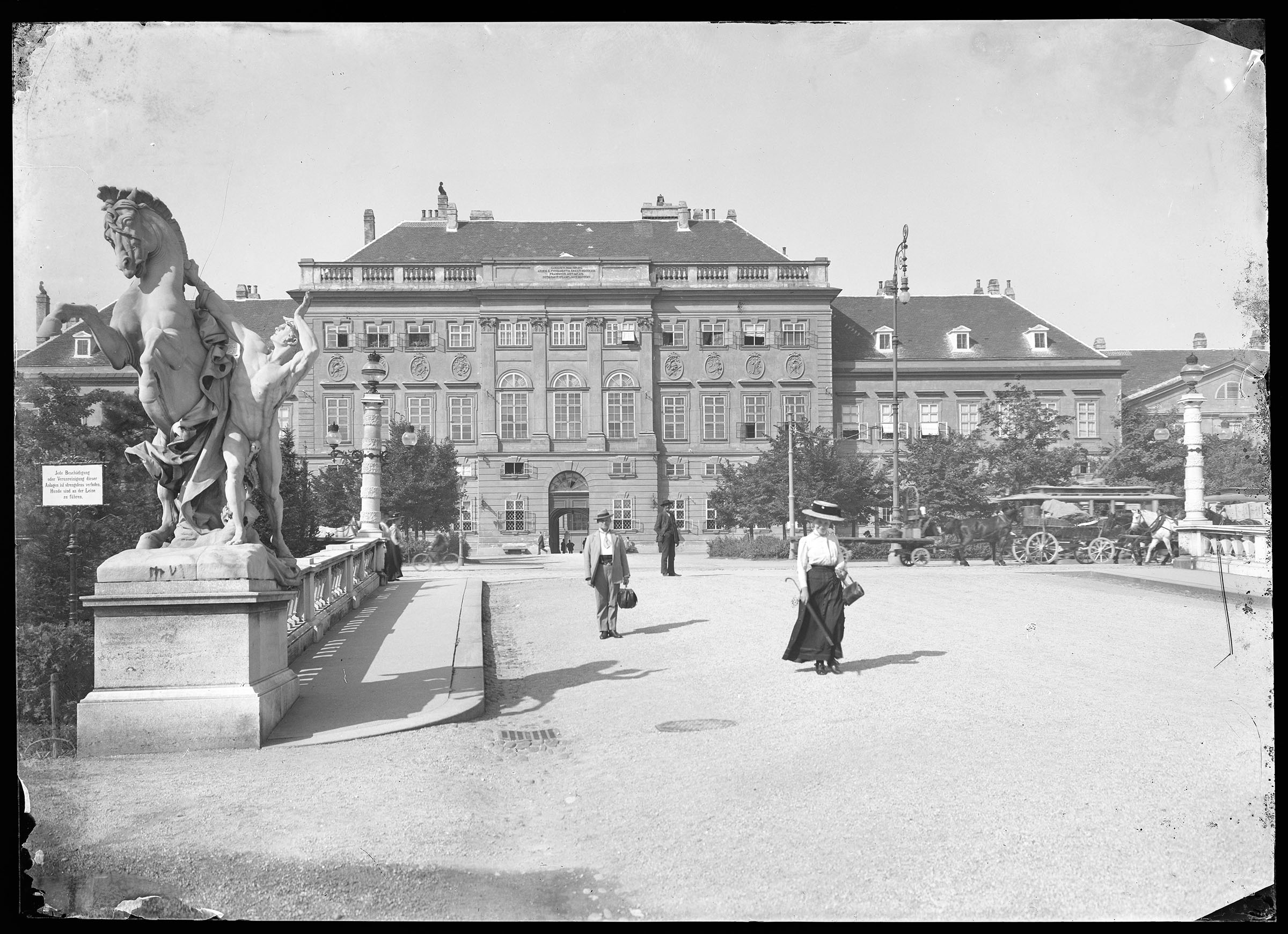 A view of the Hofstallungen (Imperial Stables) - now part of the MuseumsQuartier - from Maria-Theresien-Platz, circa 1900