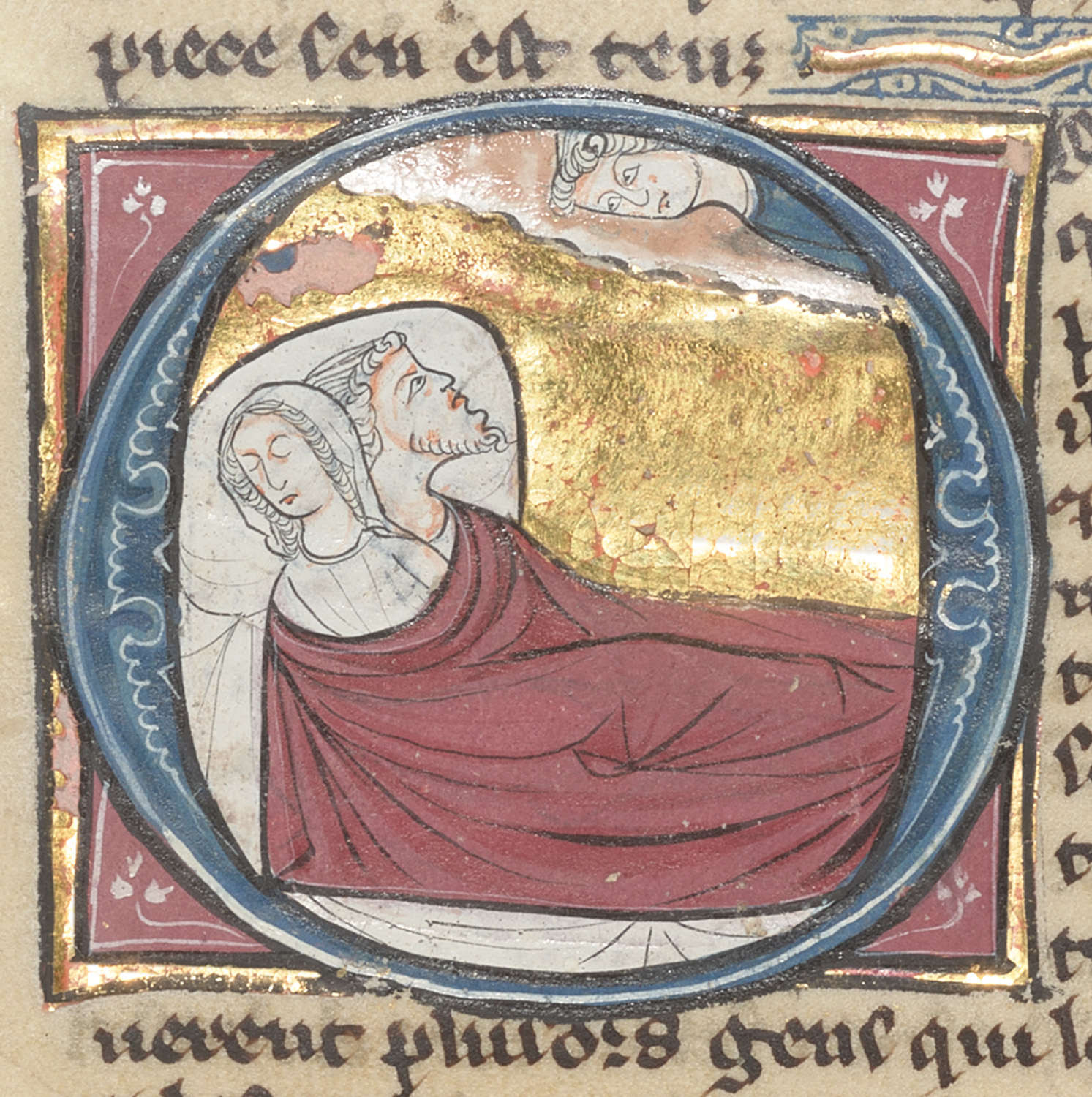 A historiated initial O in which Joseph of Arimathea is visited at night by an angel, who instructs him to conceive a child
