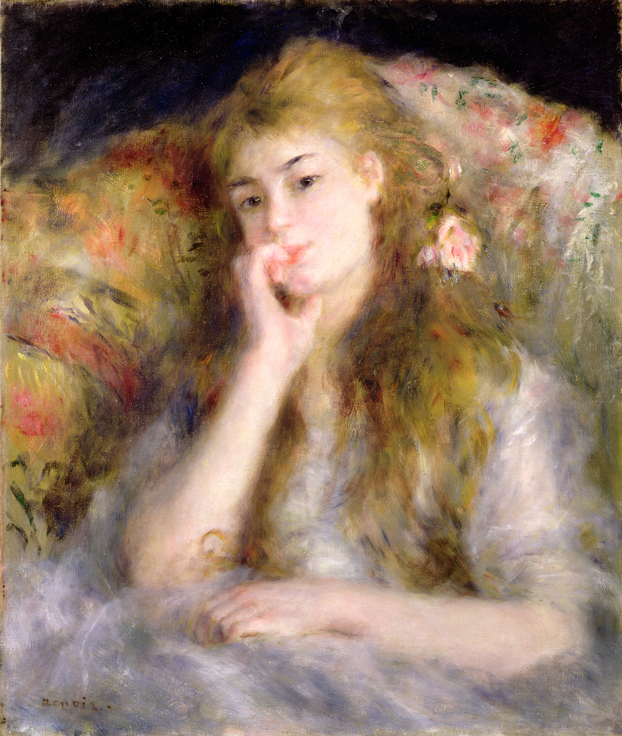 A woman with long, flowing hair sits against a floral background in an impressionist painting.