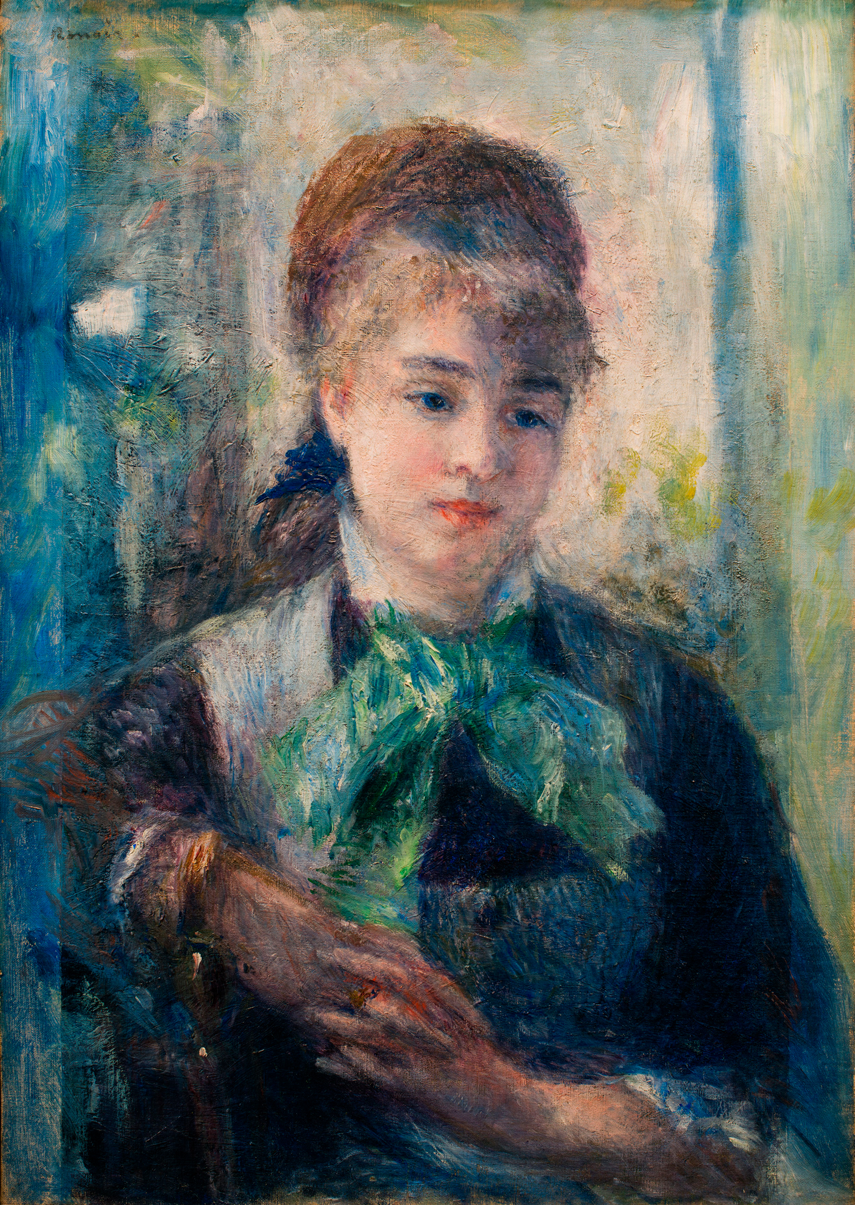 A colorful impressionist portrait of a person with a green bow and blurred face.
