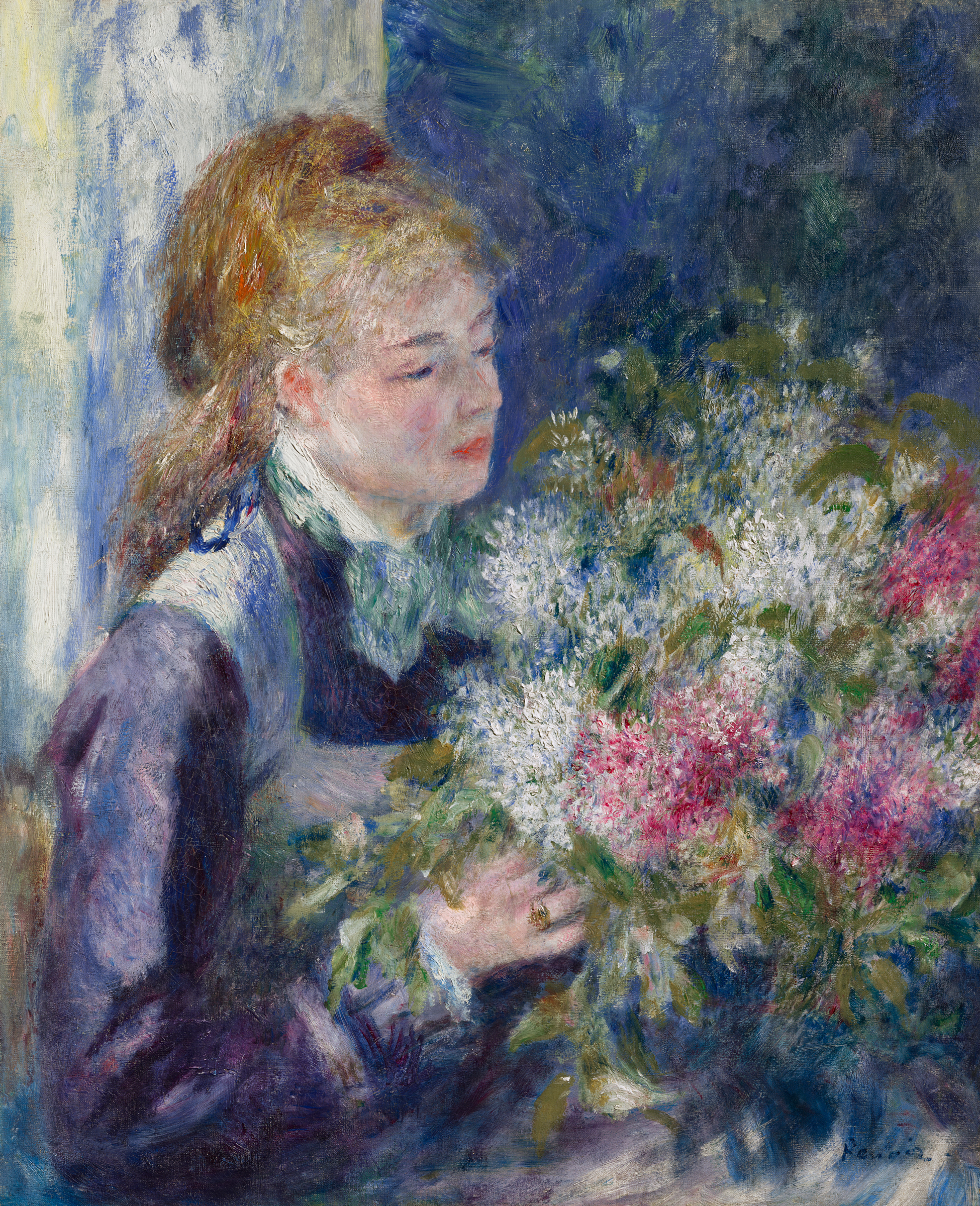 A person in Victorian attire holds a large bouquet of flowers in an impressionist-style painting.