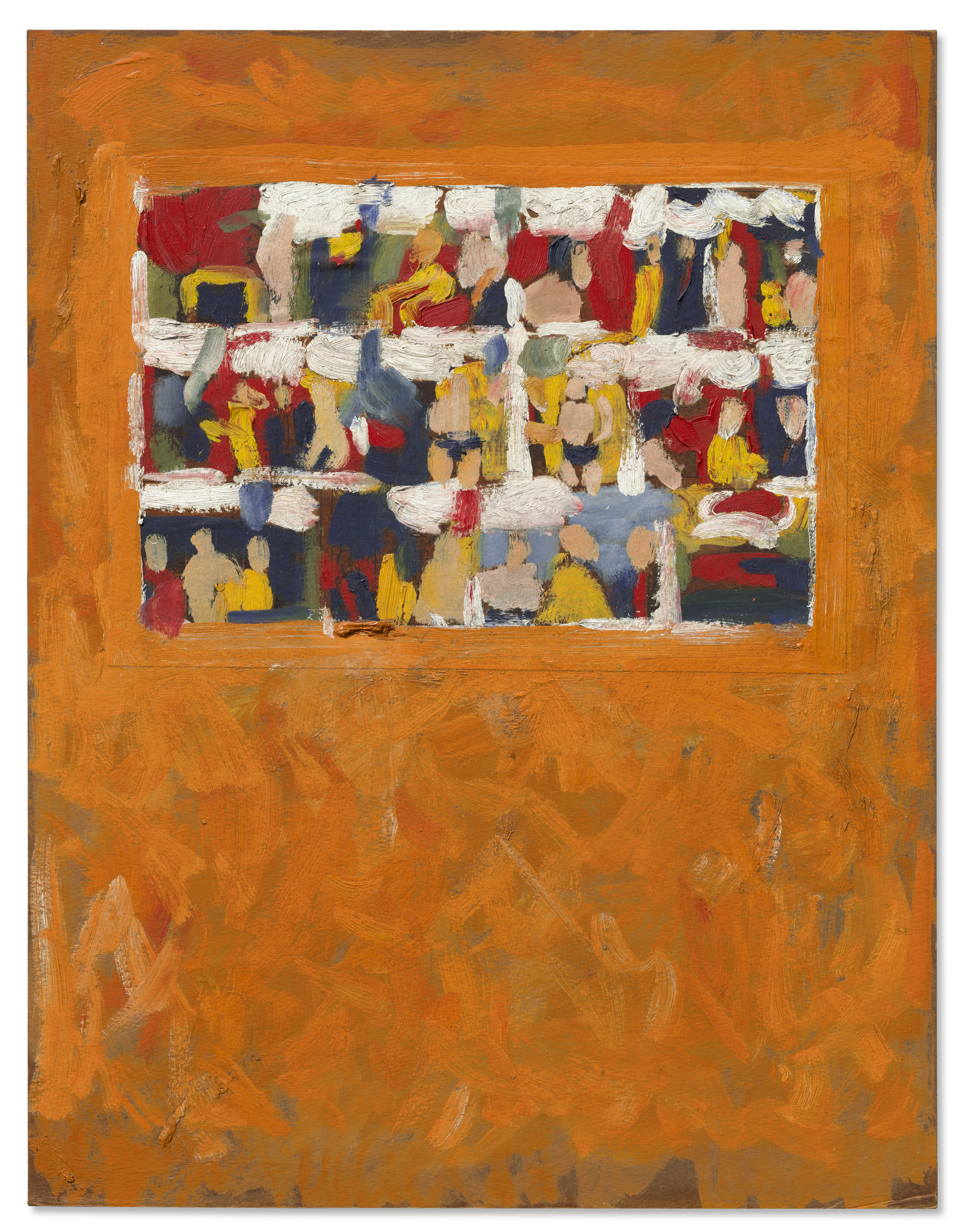 Abstract painting with a vibrant orange background and a colorful, textured rectangle at the top.
