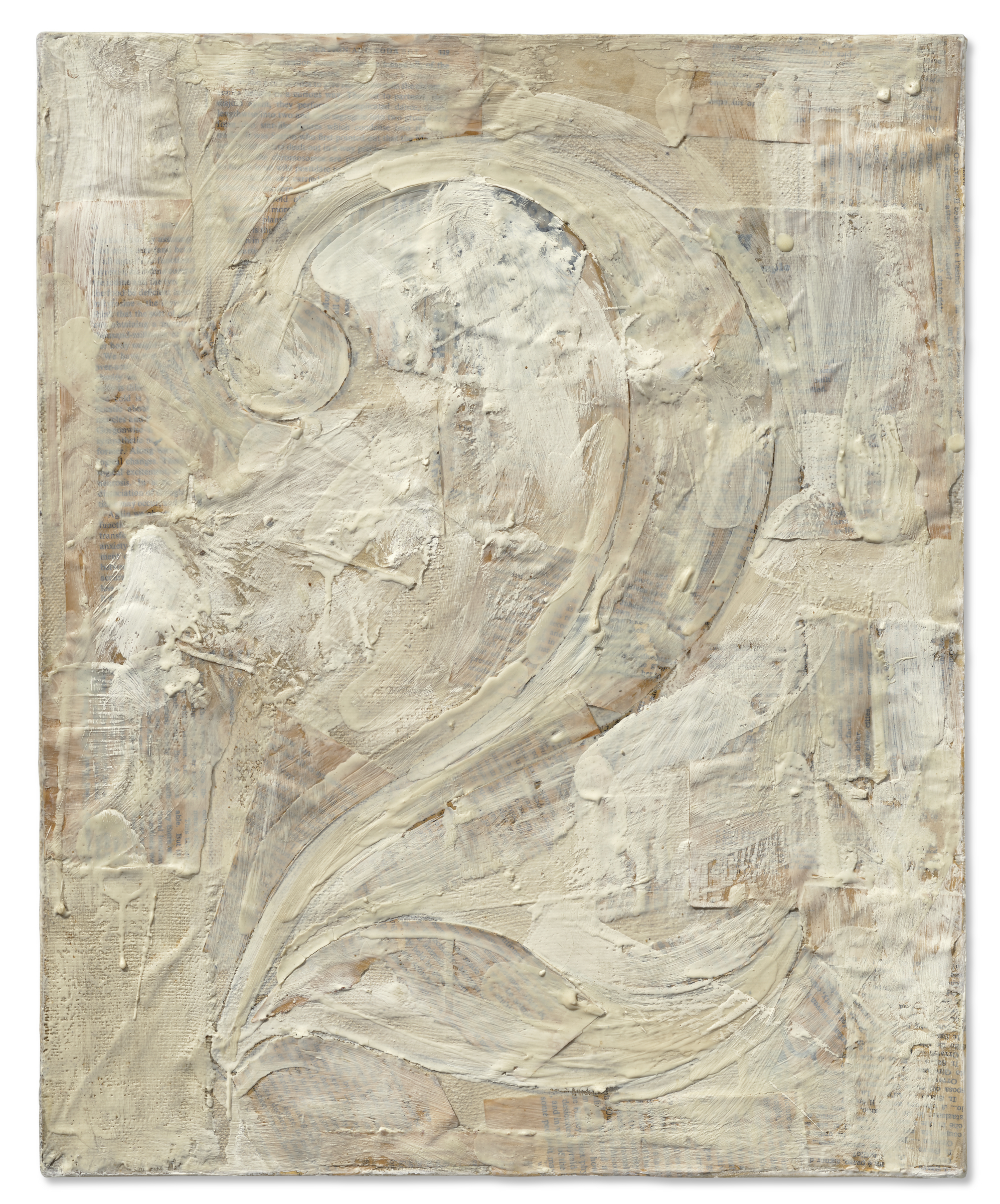 A textured painting features a large, abstract number two in creamy and beige tones.